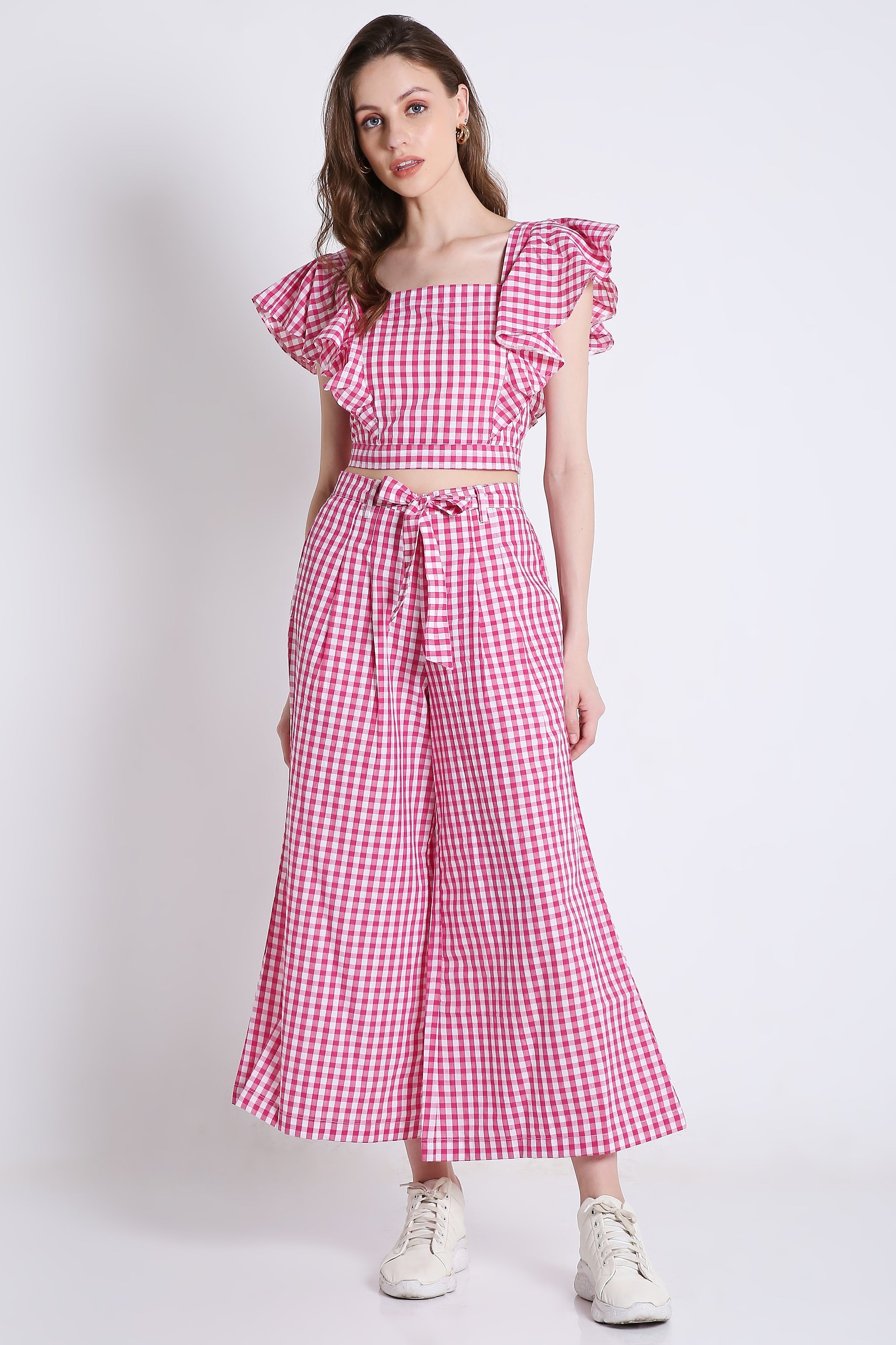 Pink Checks Long Flared Pant