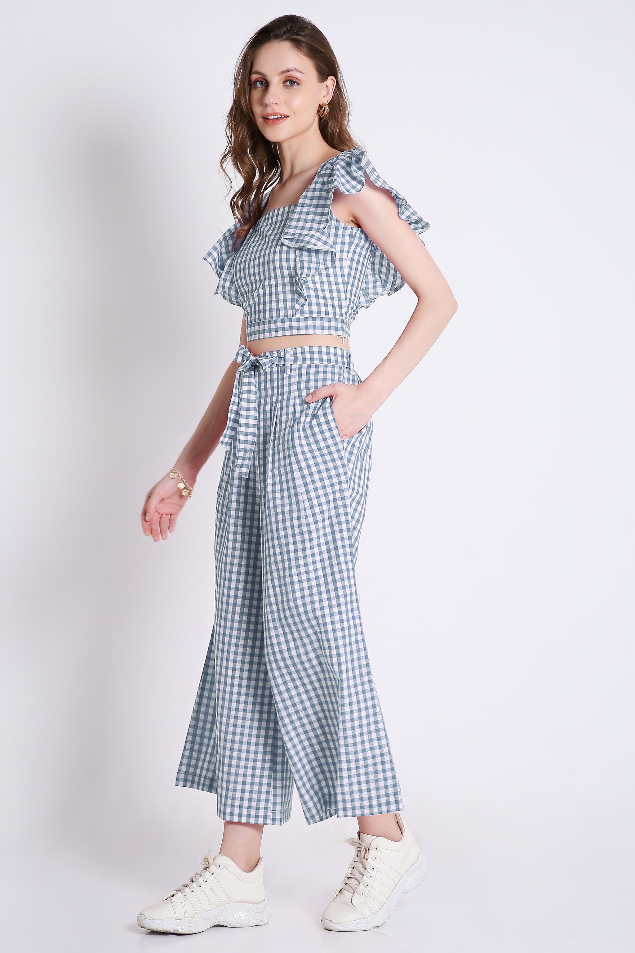 Frilled Sleeves With Checks Sky Blue Crop Top