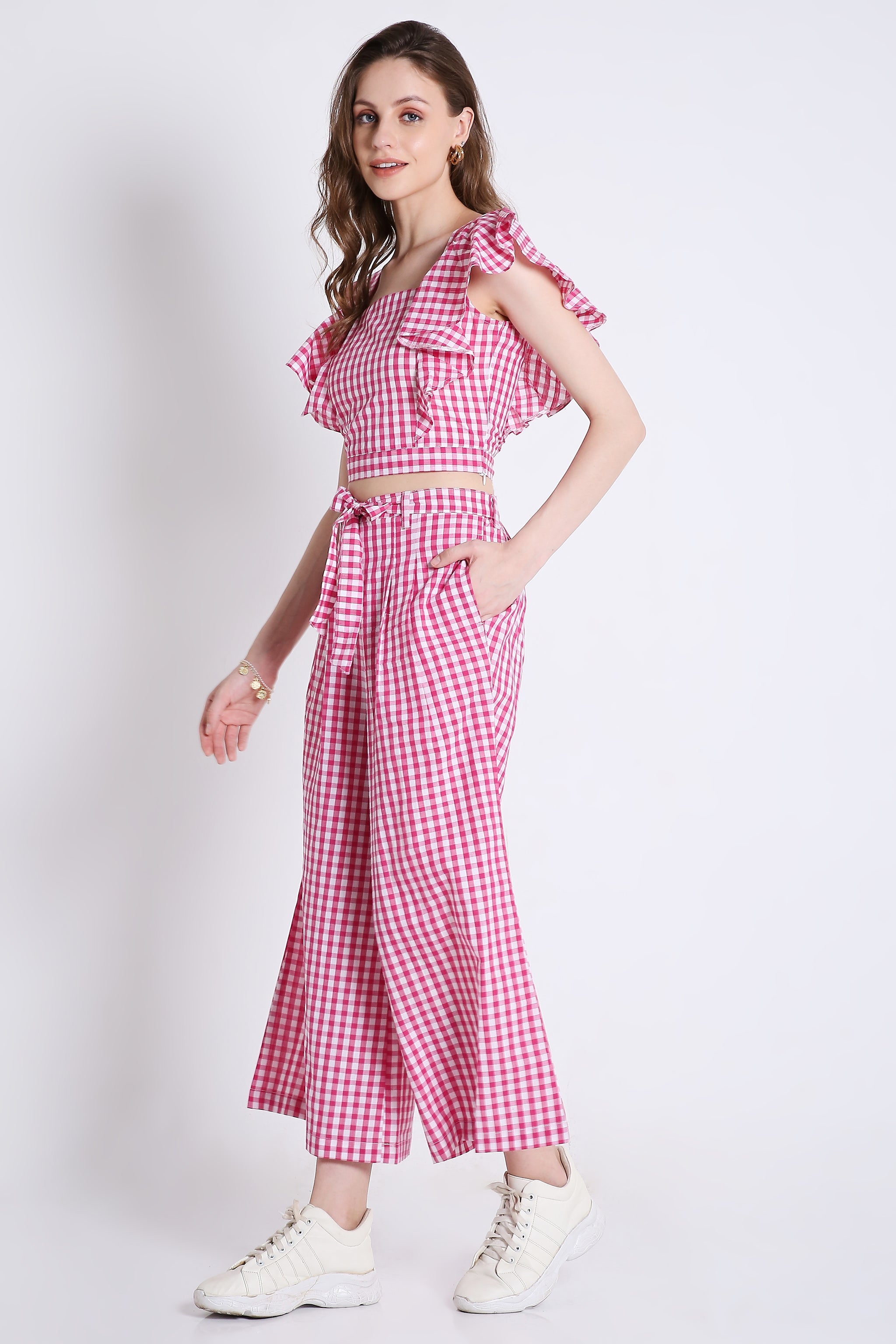 Pink Checks Long Flared Pant FRENCH THEORY