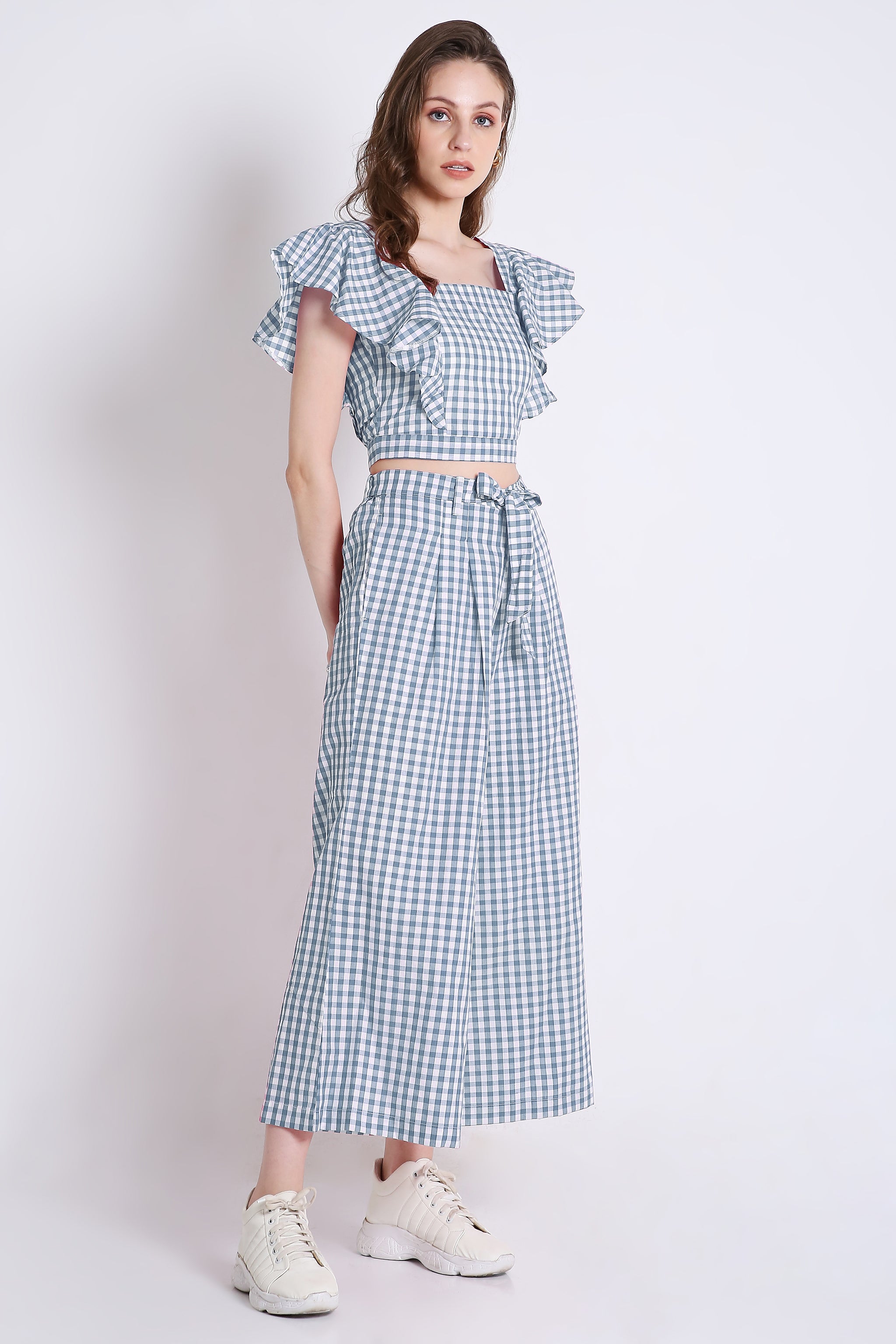 Sky Blue Long Flared Checks Pant