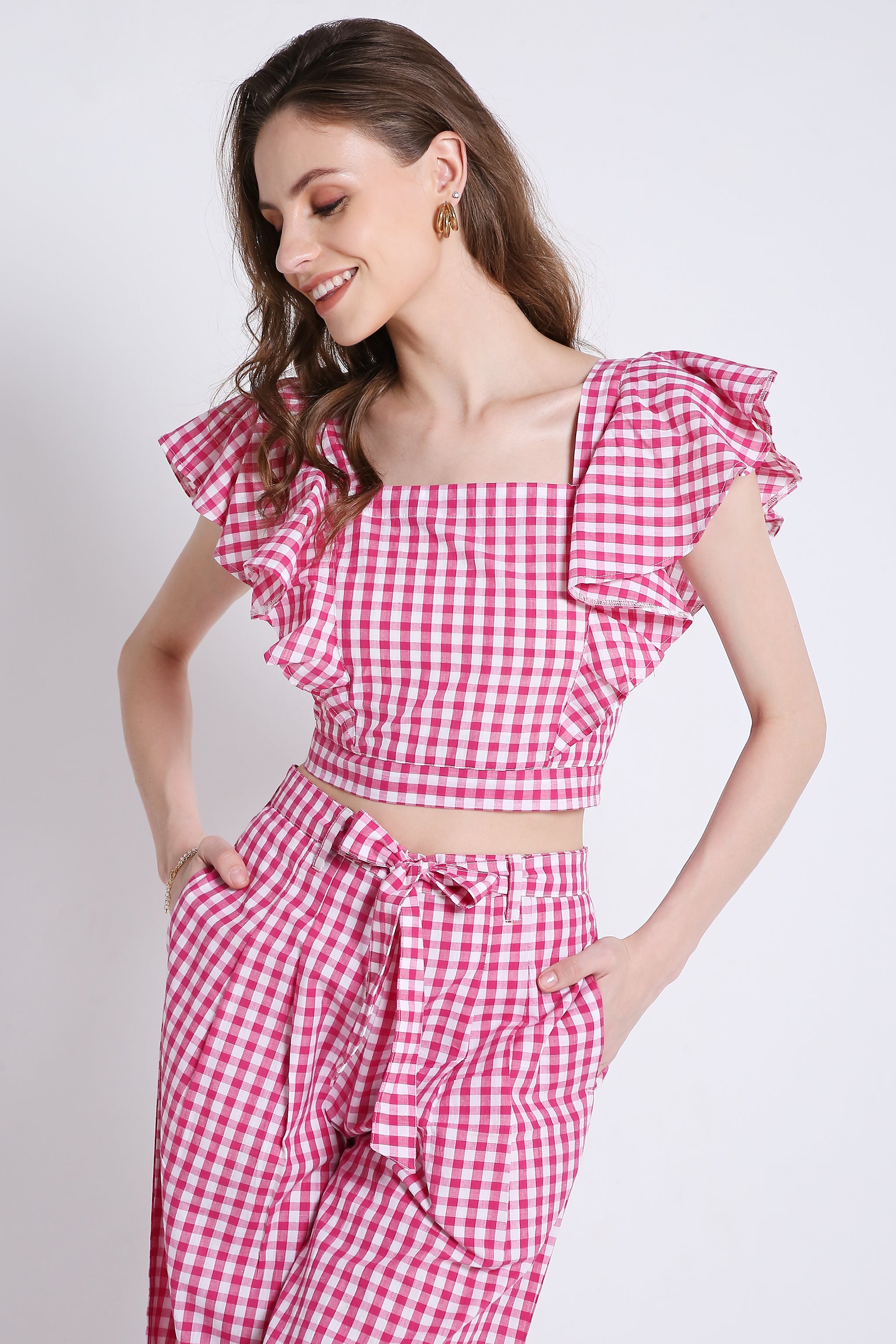 Pink Checks Frilled Crop Top