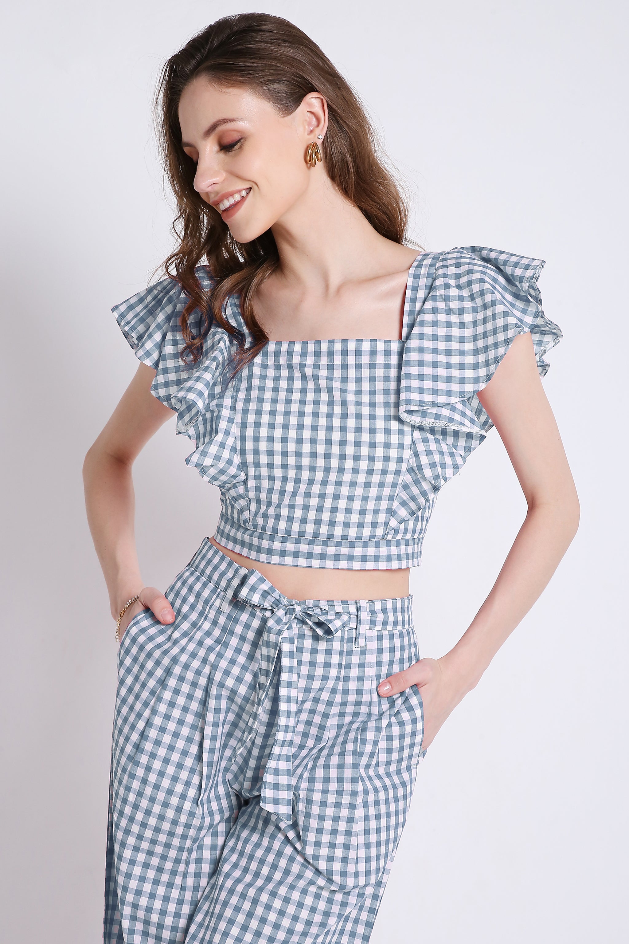 Frilled Sleeves With Checks Sky Blue Crop Top