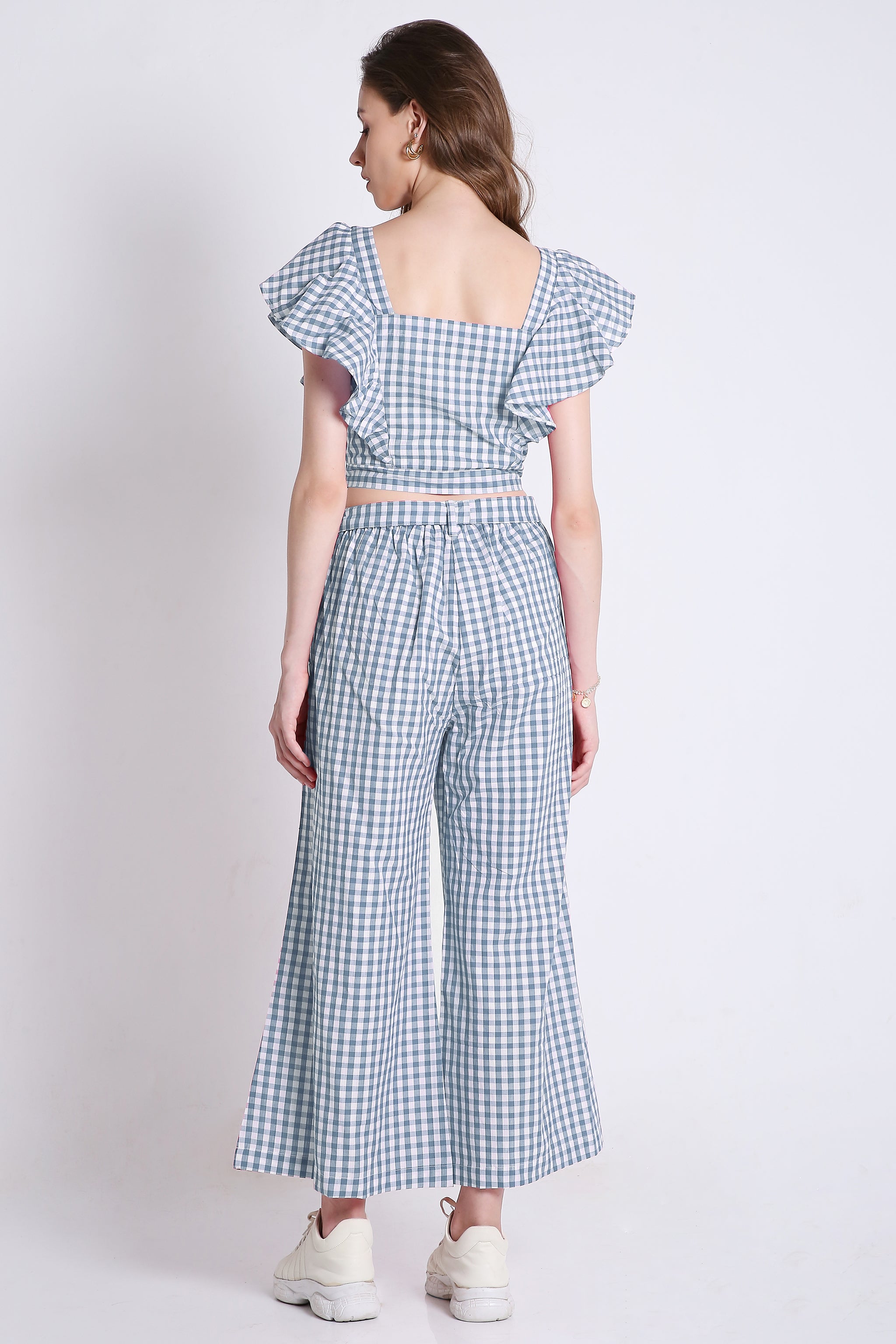 Frilled Sleeves With Checks Sky Blue Crop Top