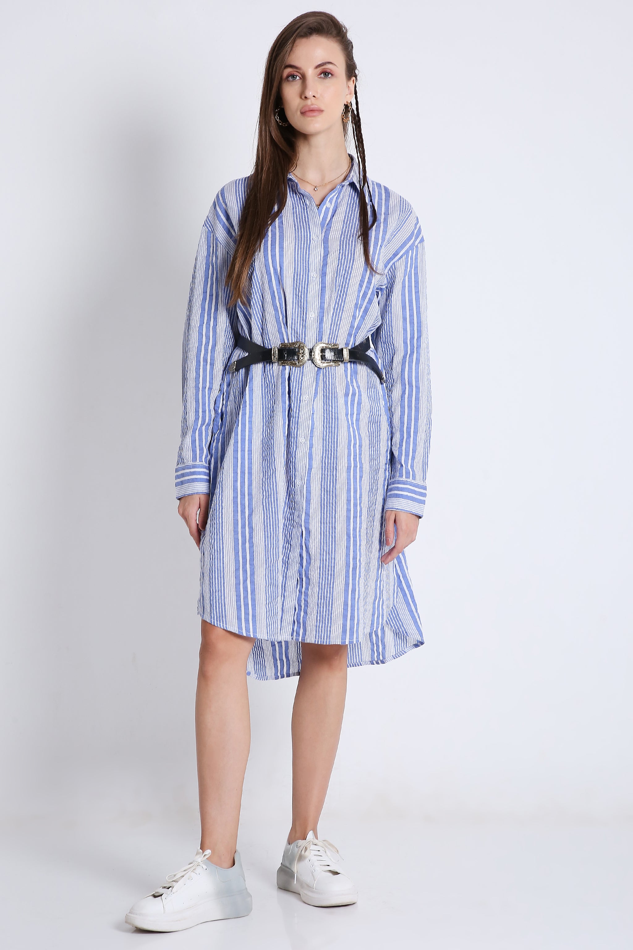 Short Long Shirt Dress in Crushed Stripes with Long Sleeves