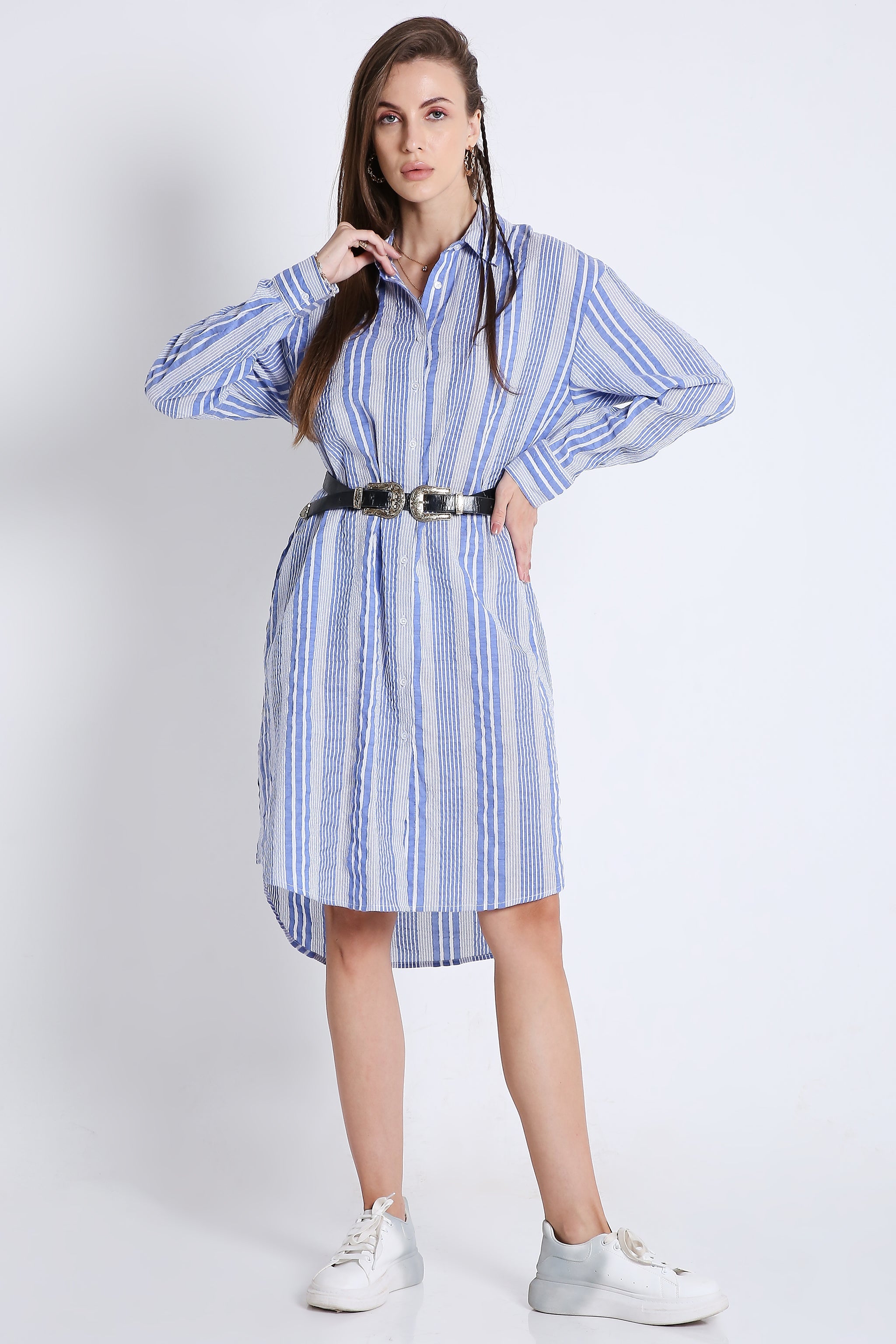 Short Long Shirt Dress in Crushed Stripes with Long Sleeves FRENCH THEORY