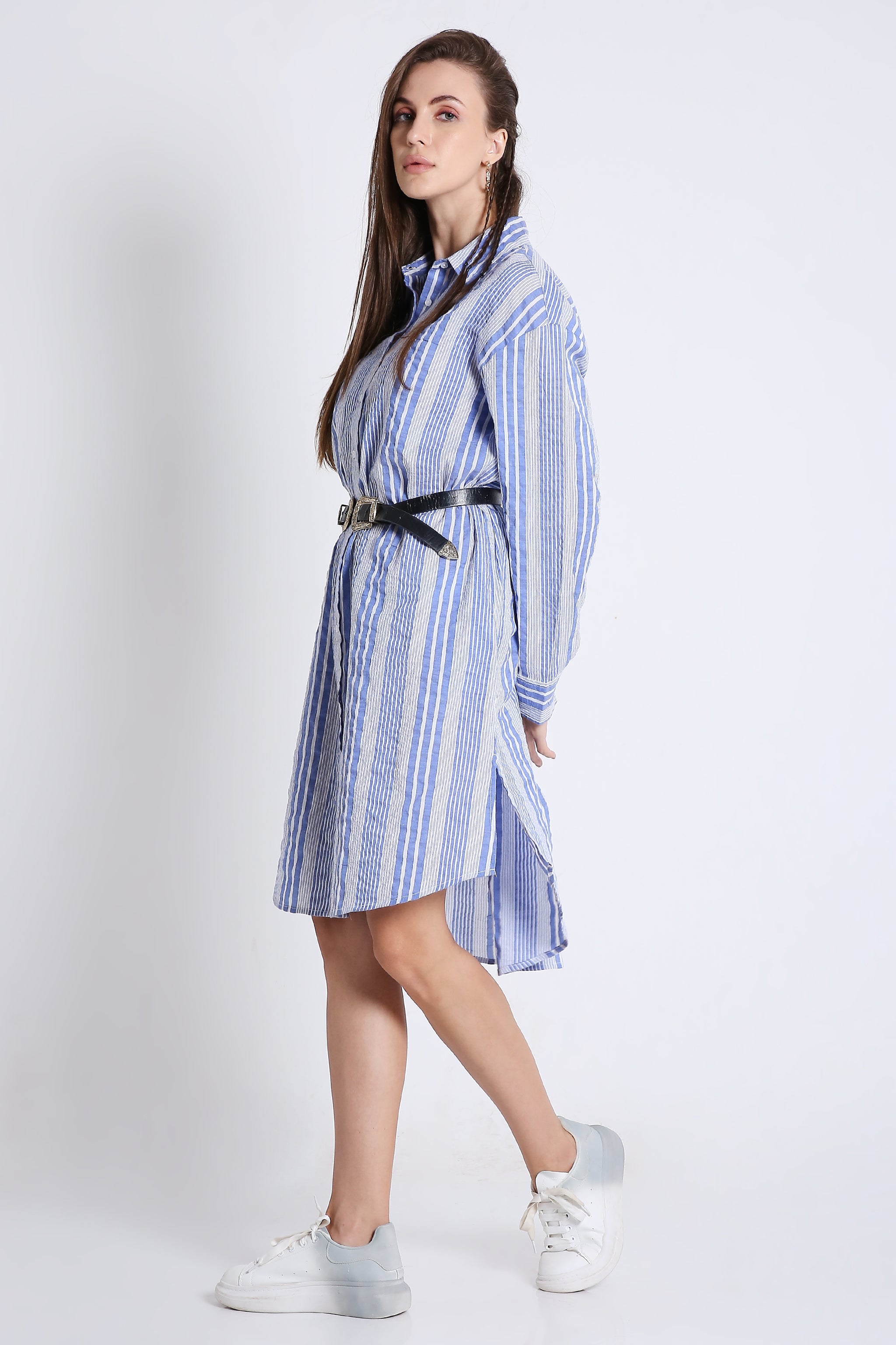 Short Long Shirt Dress in Crushed Stripes with Long Sleeves FRENCH THEORY