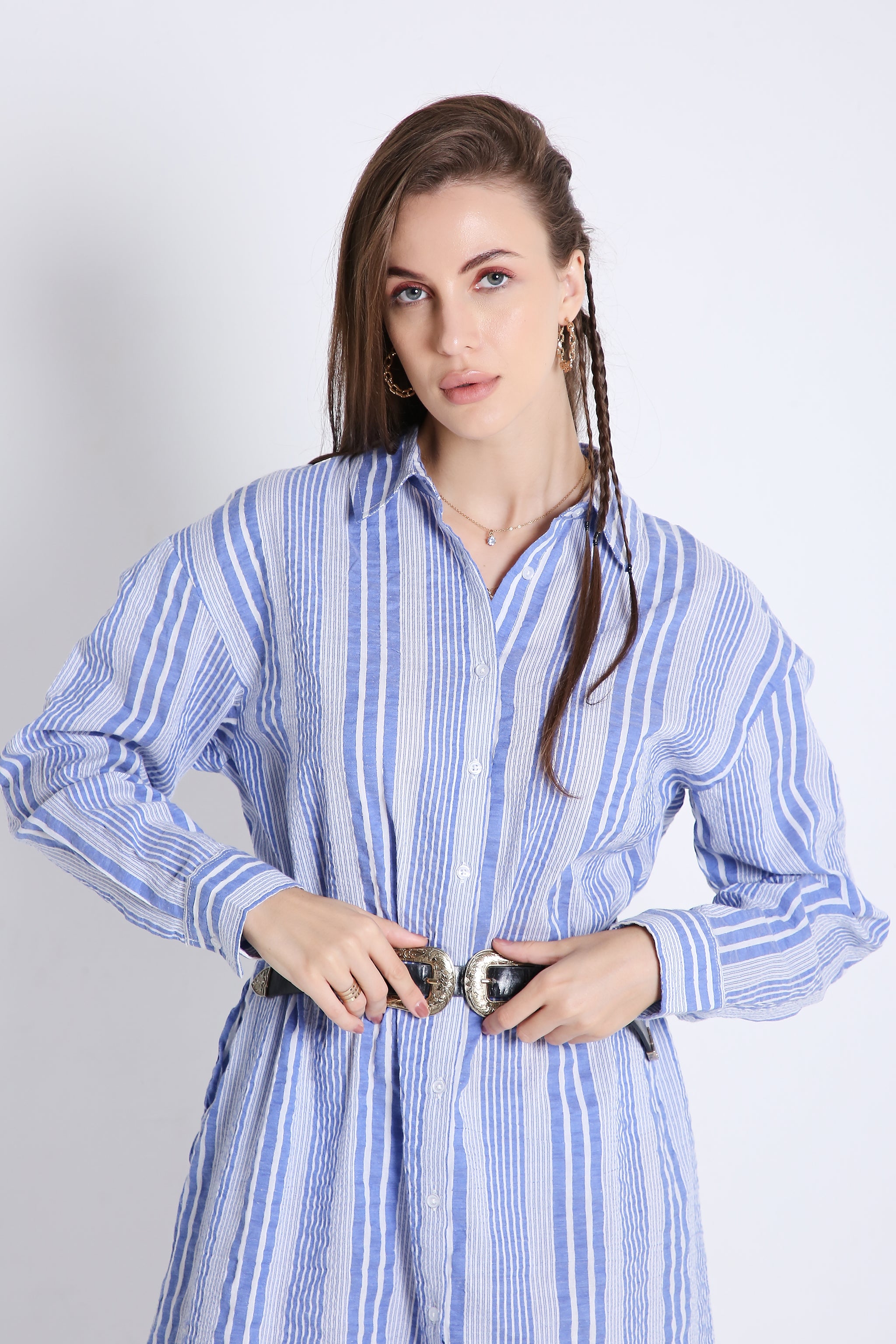 Short Long Shirt Dress in Crushed Stripes with Long Sleeves