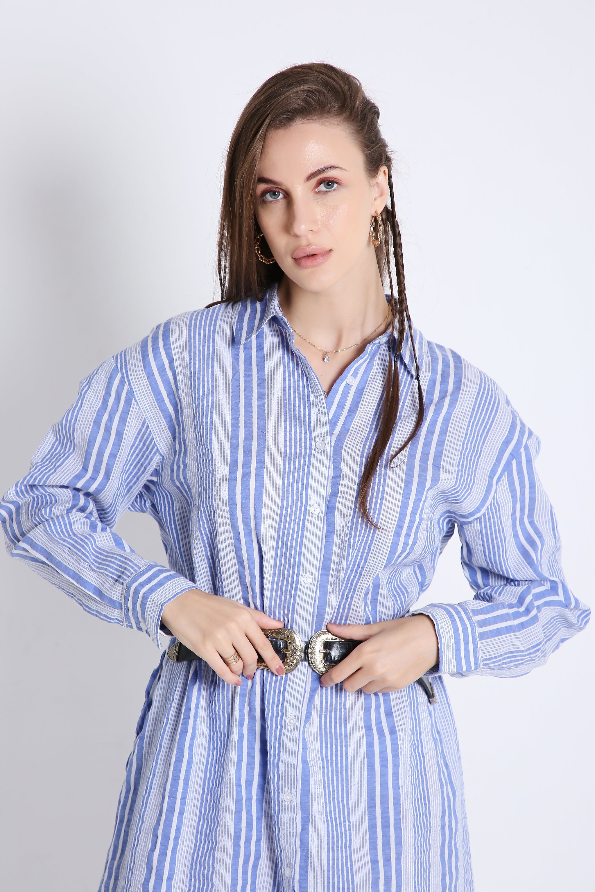 Short Long Shirt Dress in Crushed Stripes with Long Sleeves FRENCH THEORY