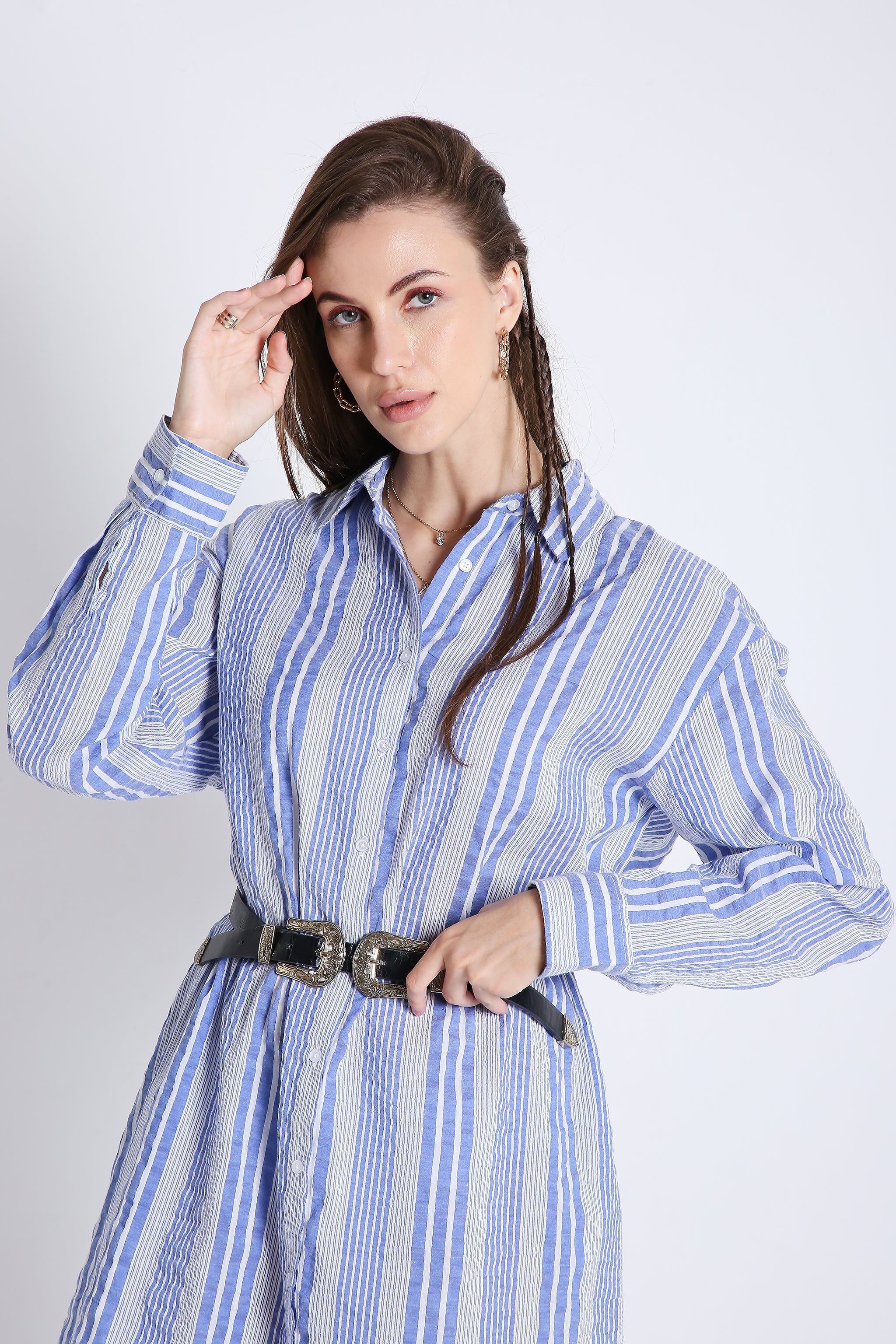 Short Long Shirt Dress in Crushed Stripes with Long Sleeves FRENCH THEORY