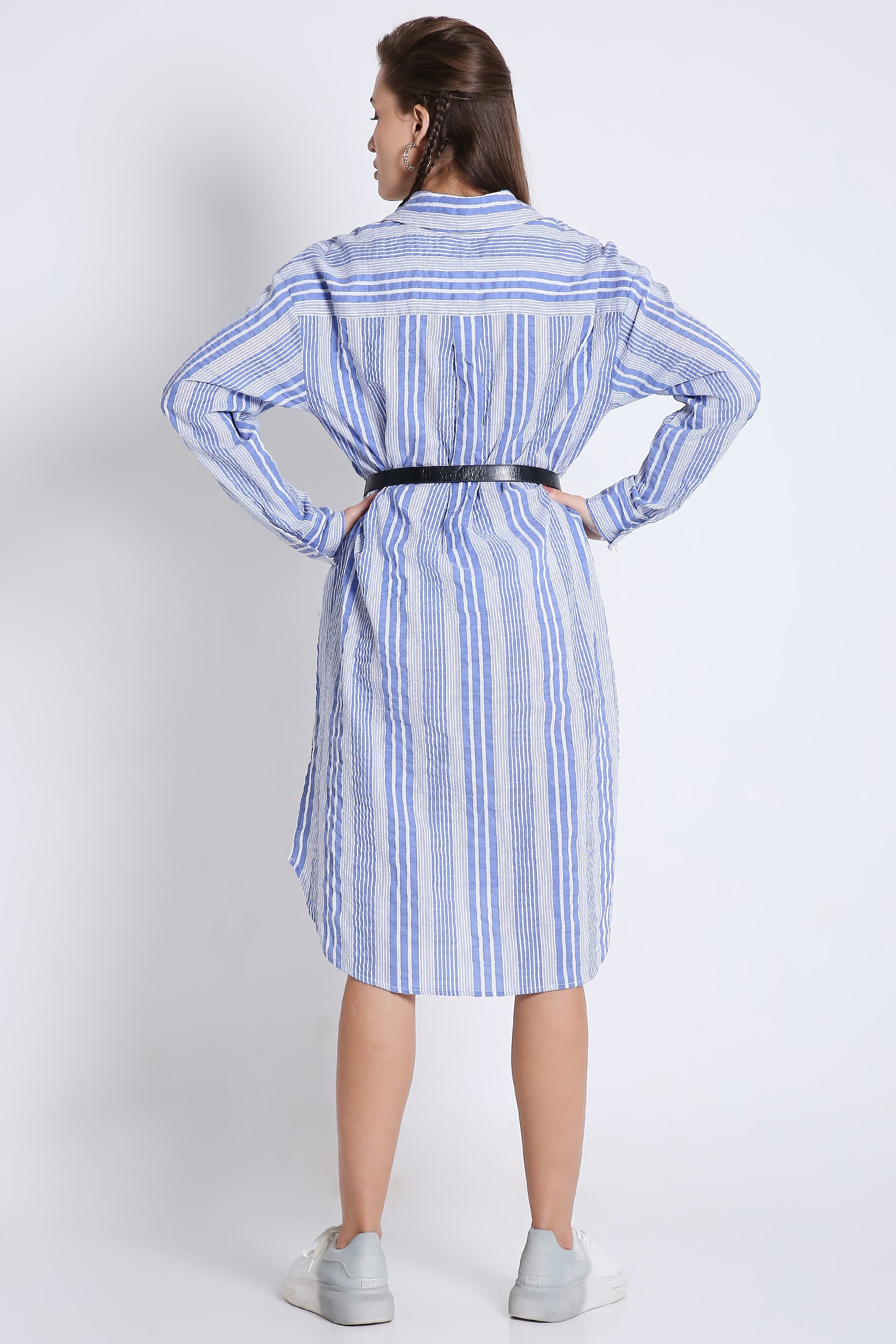 Short Long Shirt Dress in Crushed Stripes with Long Sleeves FRENCH THEORY