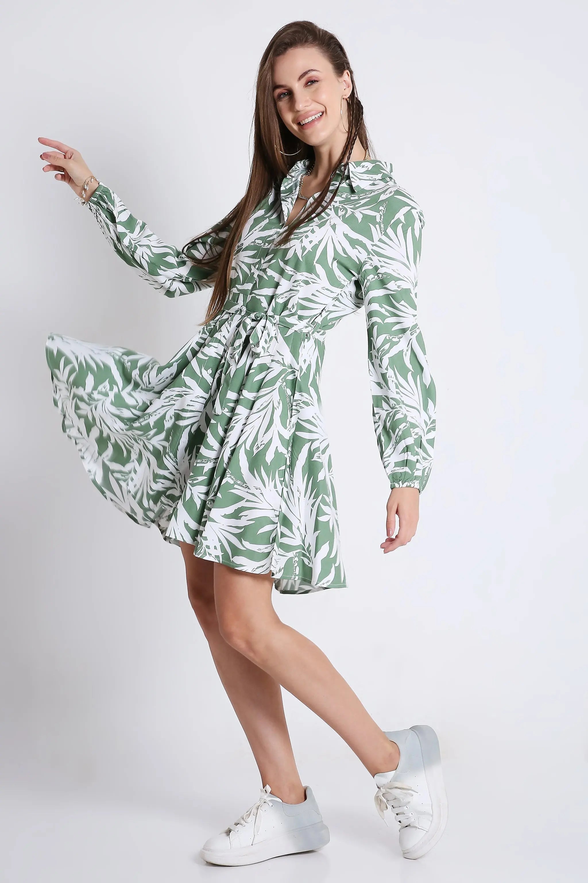 Printed & Flared Long Sleeve Dress