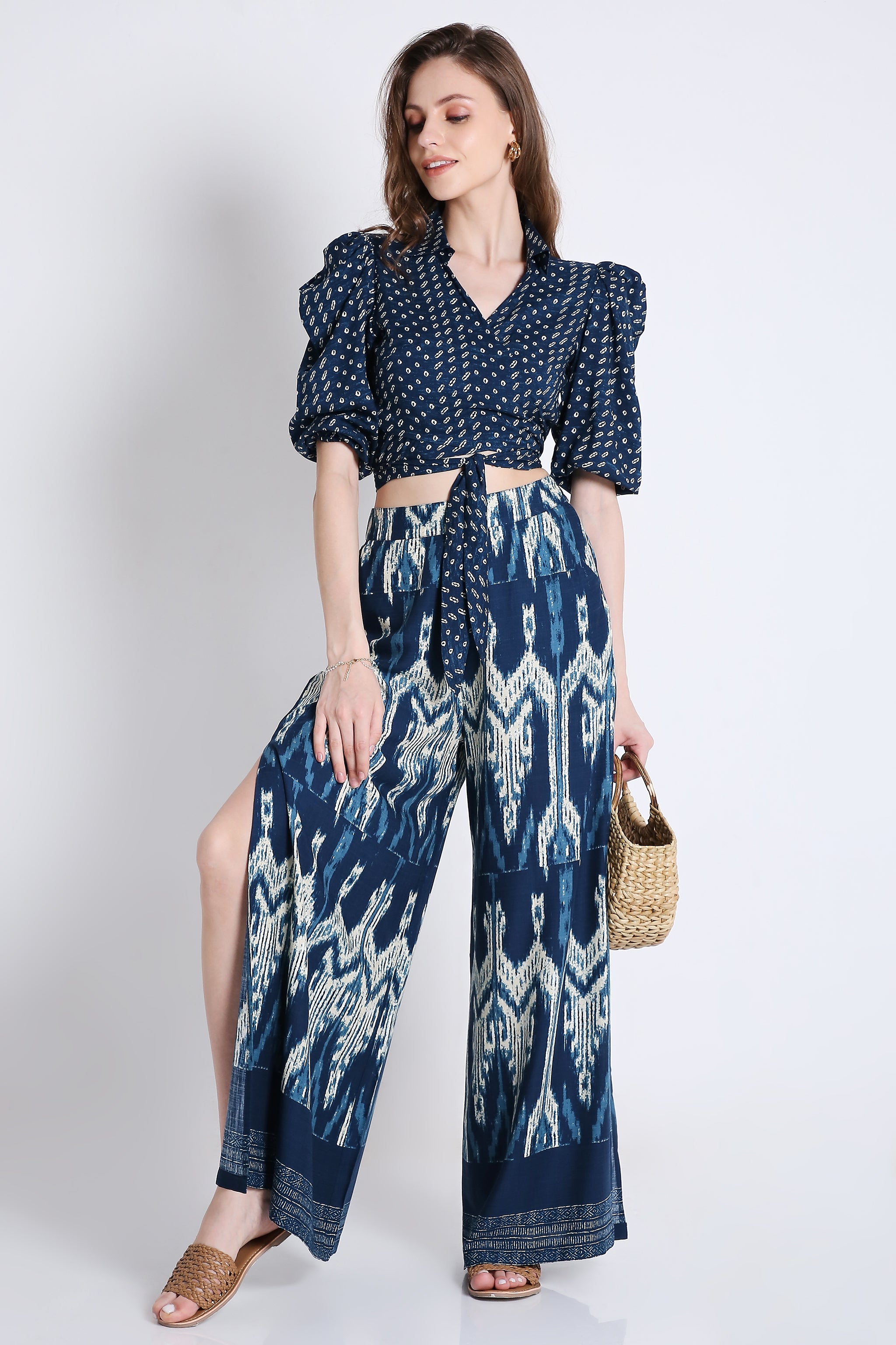 Puff Sleeve Wrap Crop Top & Long Flared Slit Pant Printed Co-Ord Set