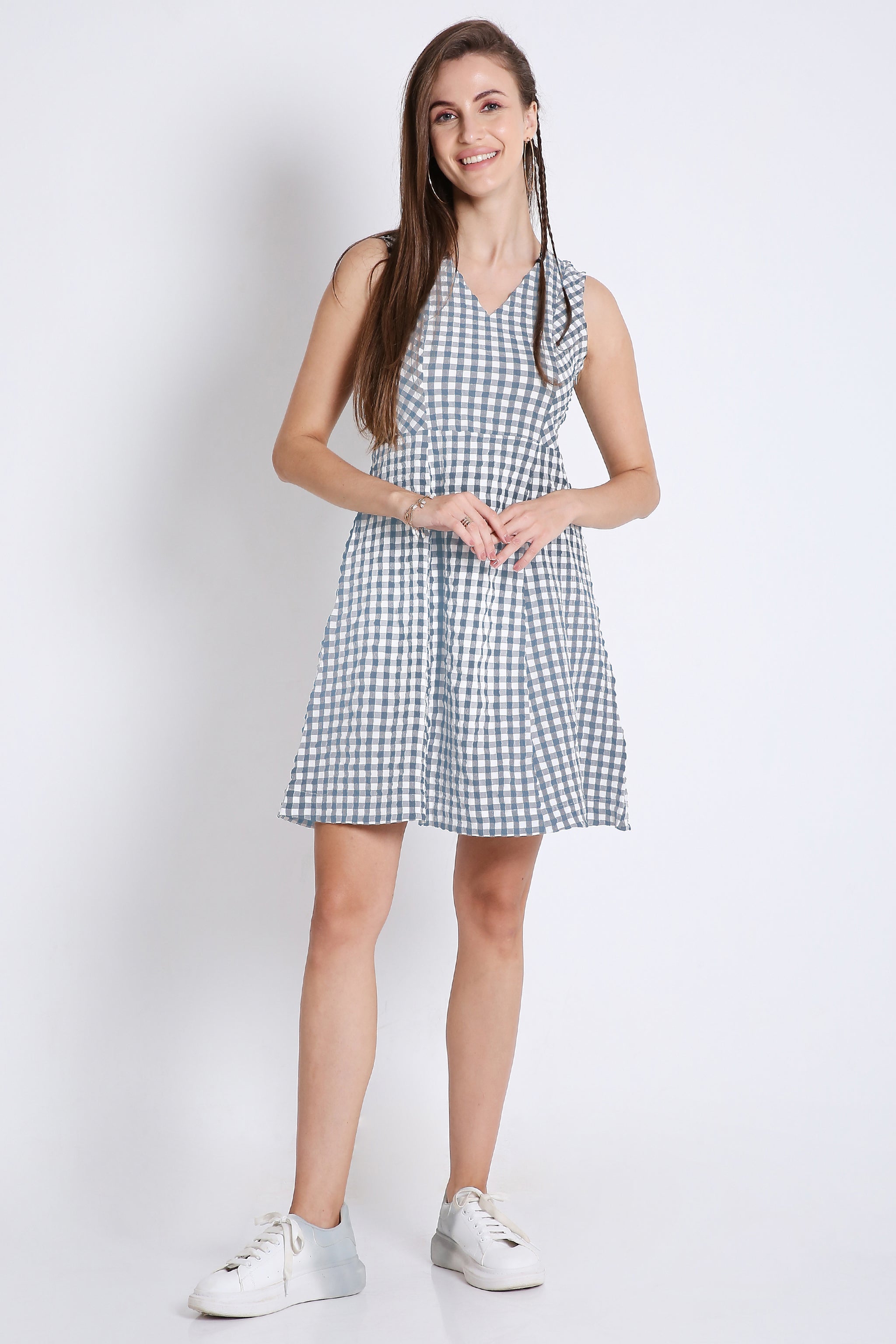White & Navy Blue Checks Short Dress