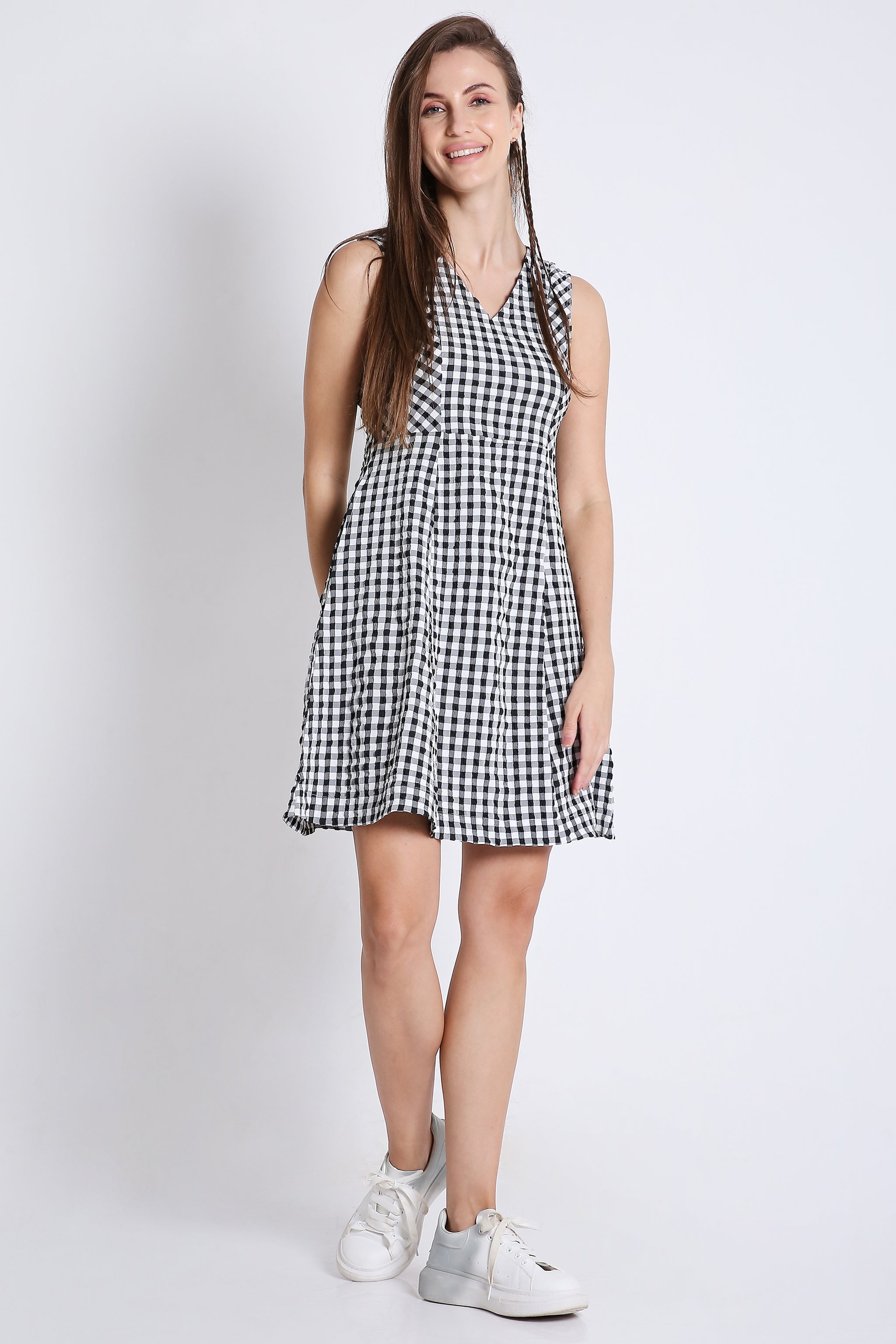 White & Black Checks Short Dress