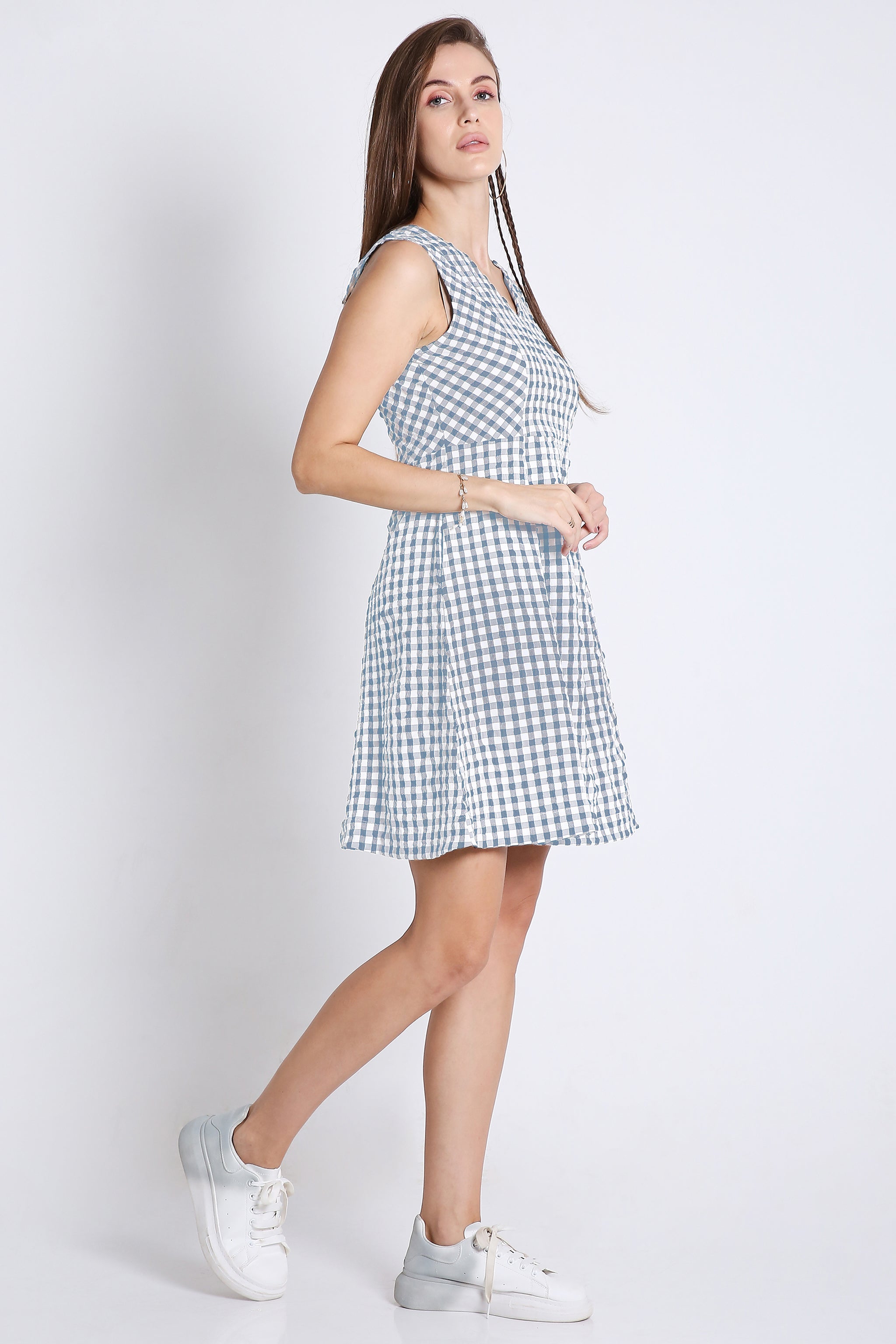 White & Navy Blue Checks Short Dress