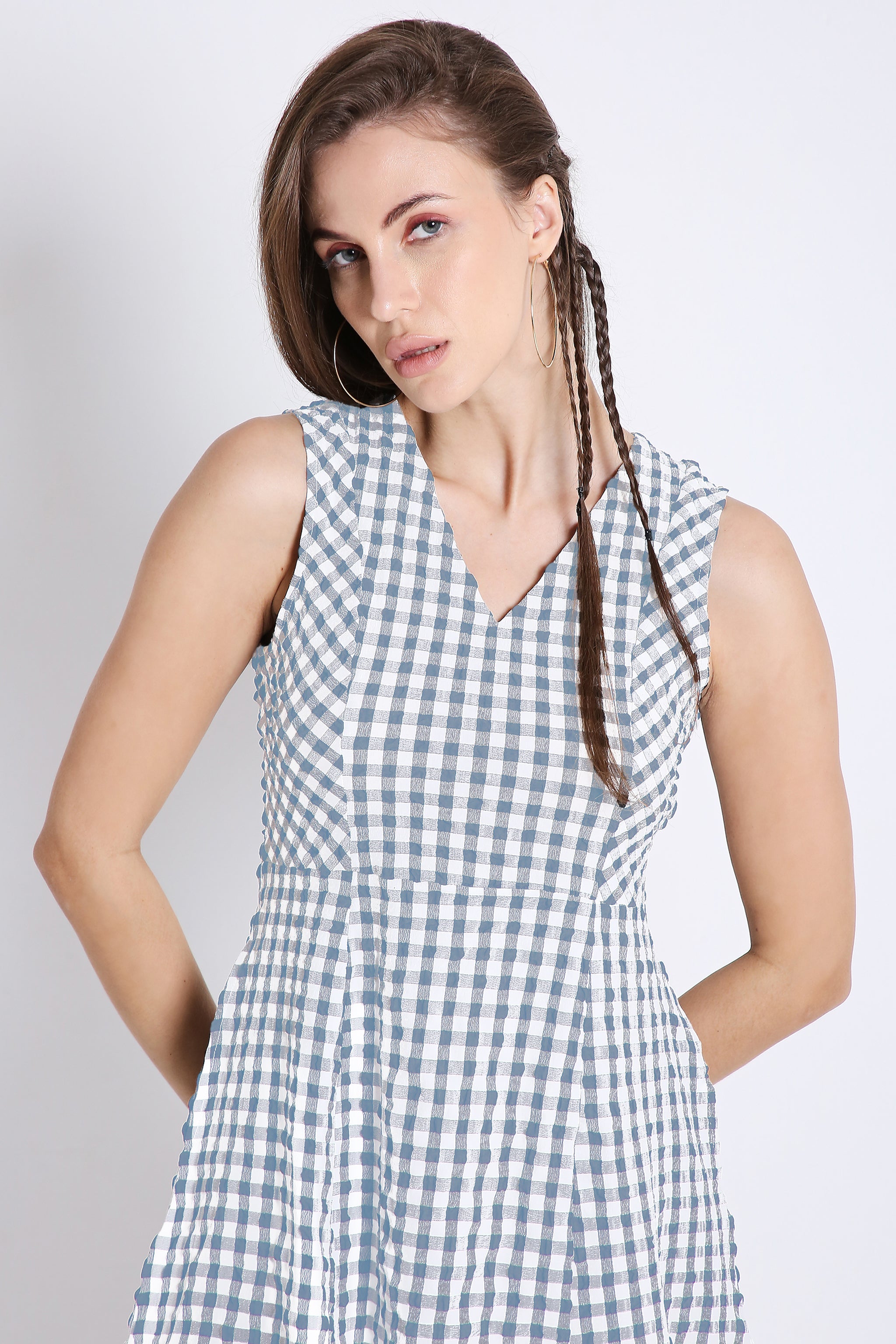 White & Navy Blue Checks Short Dress