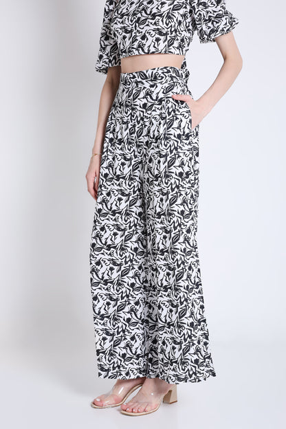 White and Black Printed Flared Pants