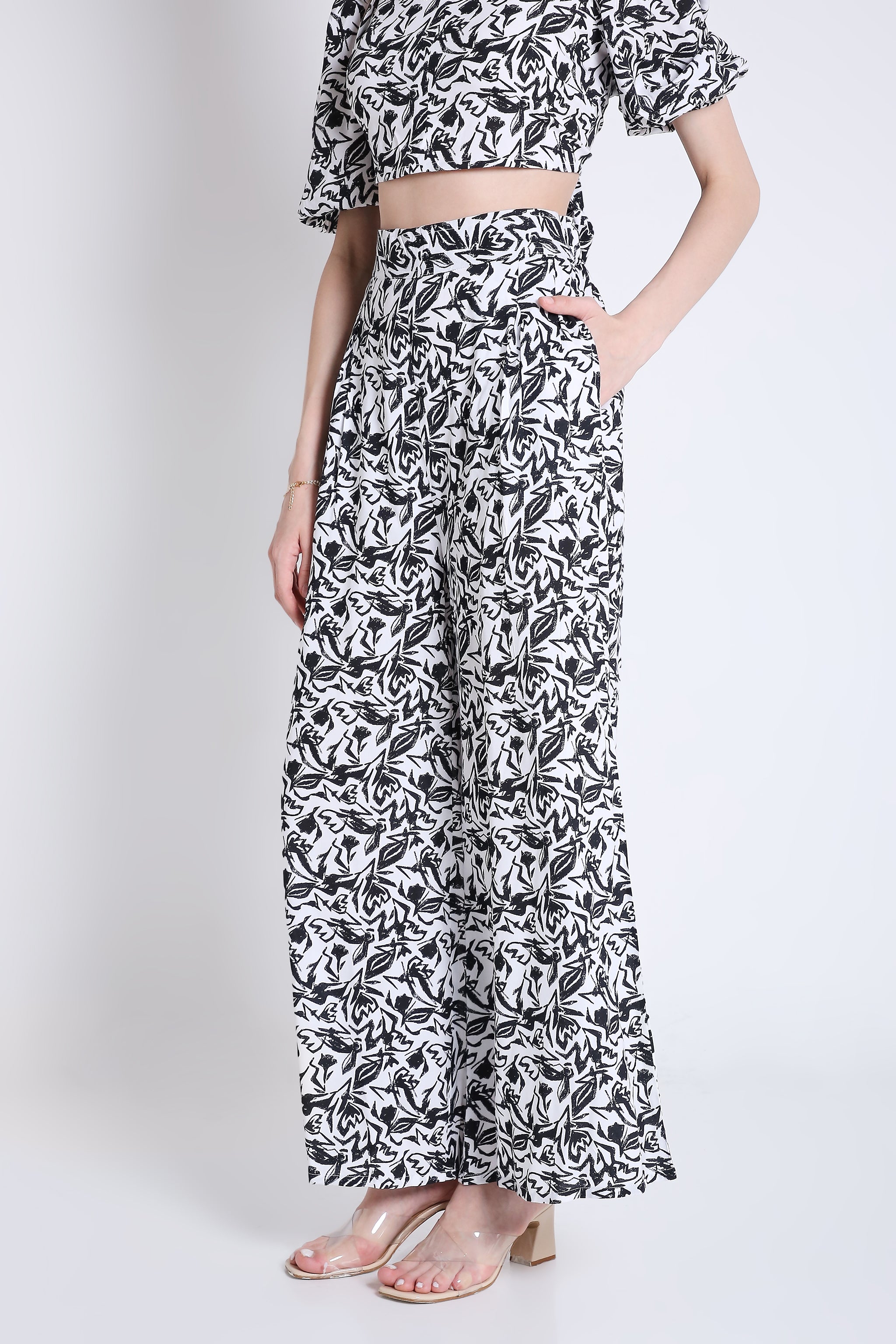 White and Black Printed Flared Pants