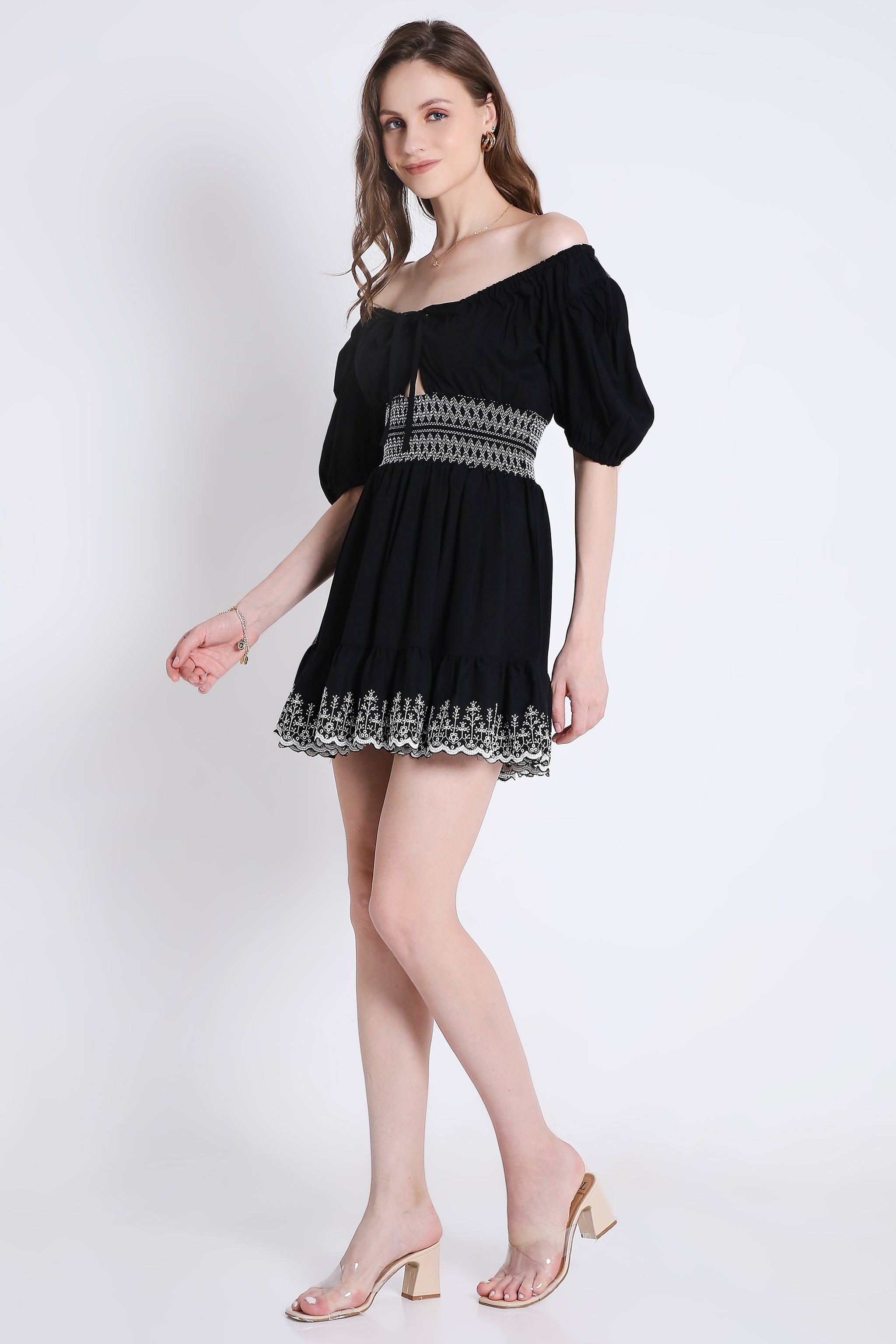 Peasant Neck Flared Dress with Contrast Embroidery Detail FRENCH THEORY