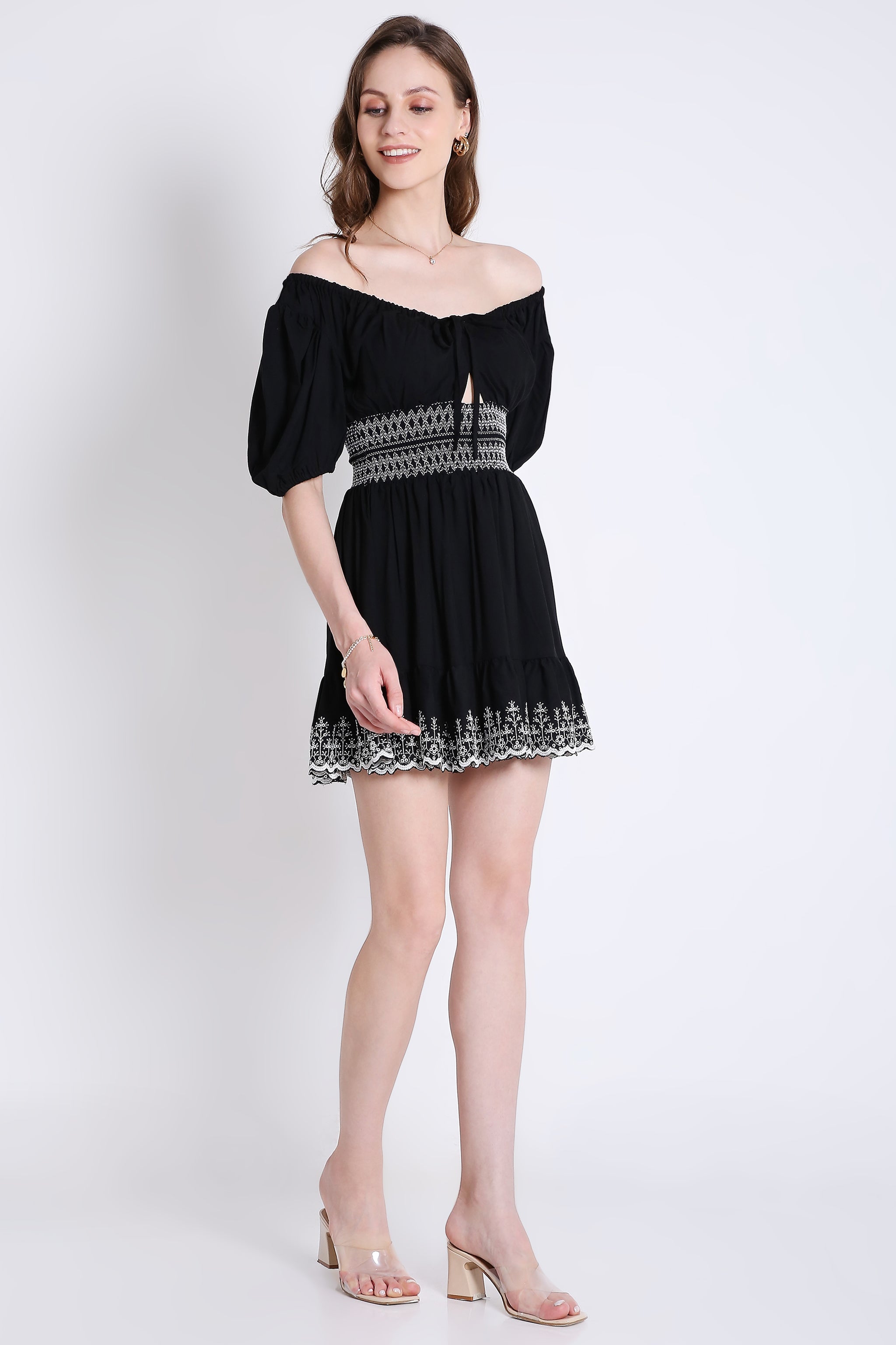 Peasant Neck Flared Dress with Contrast Embroidery Detail FRENCH THEORY