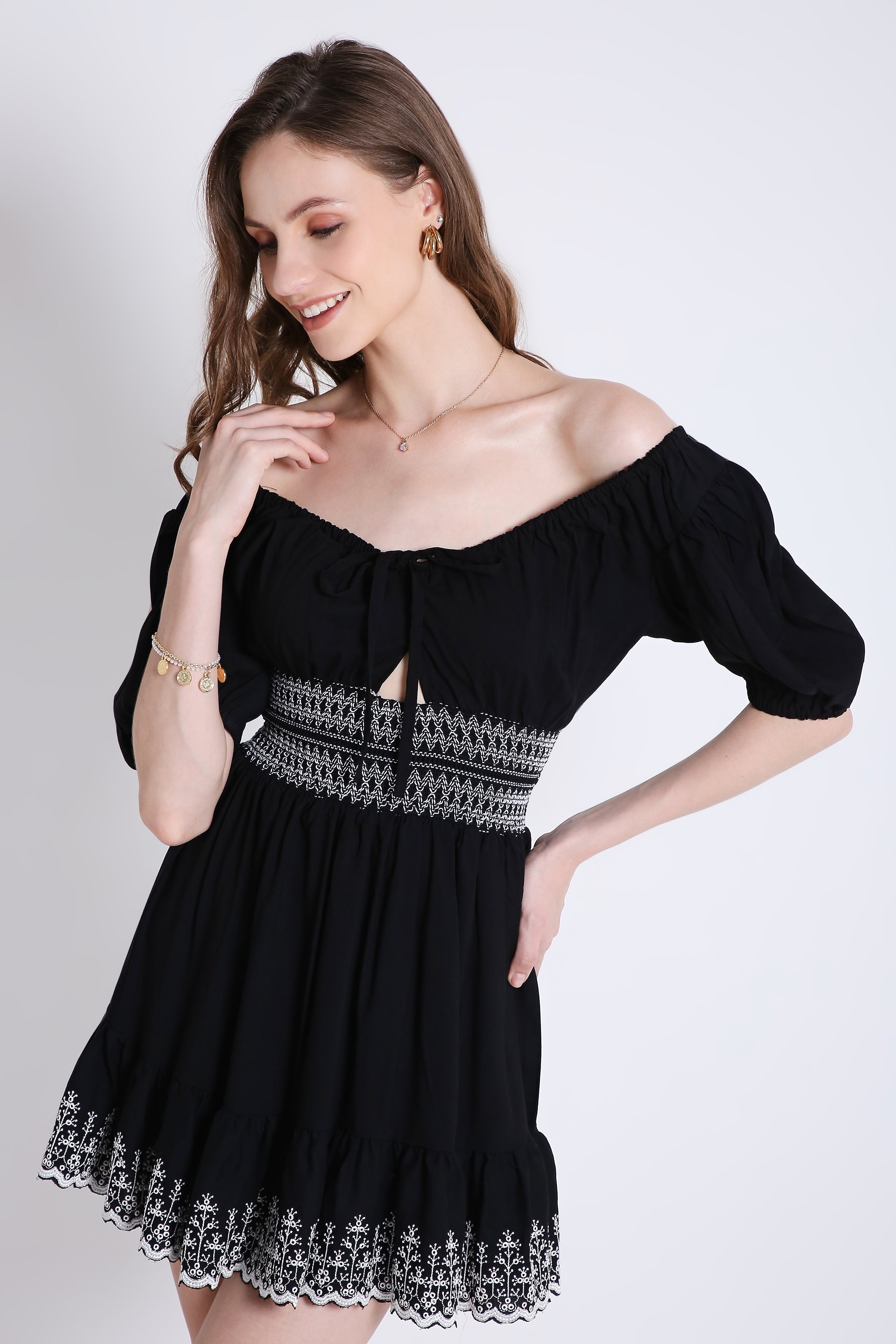 Peasant Neck Flared Dress with Contrast Embroidery Detail