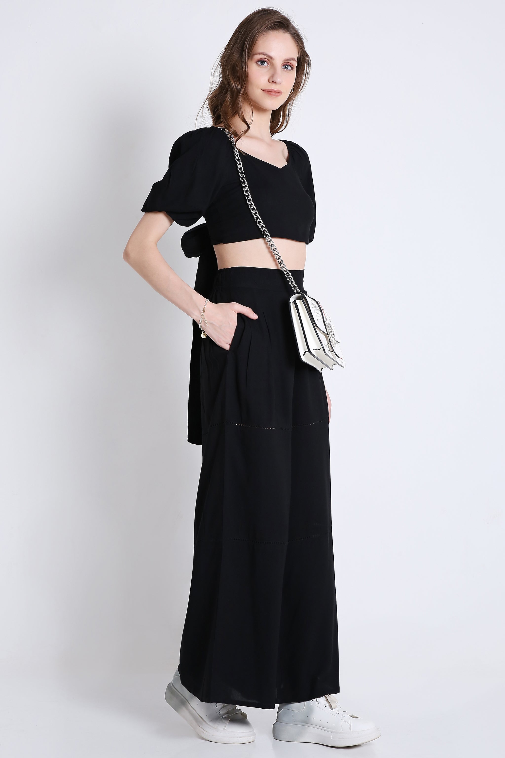 Flared Pant with Lace Detail & Long Sleeve Crop Top Co-Ord Set