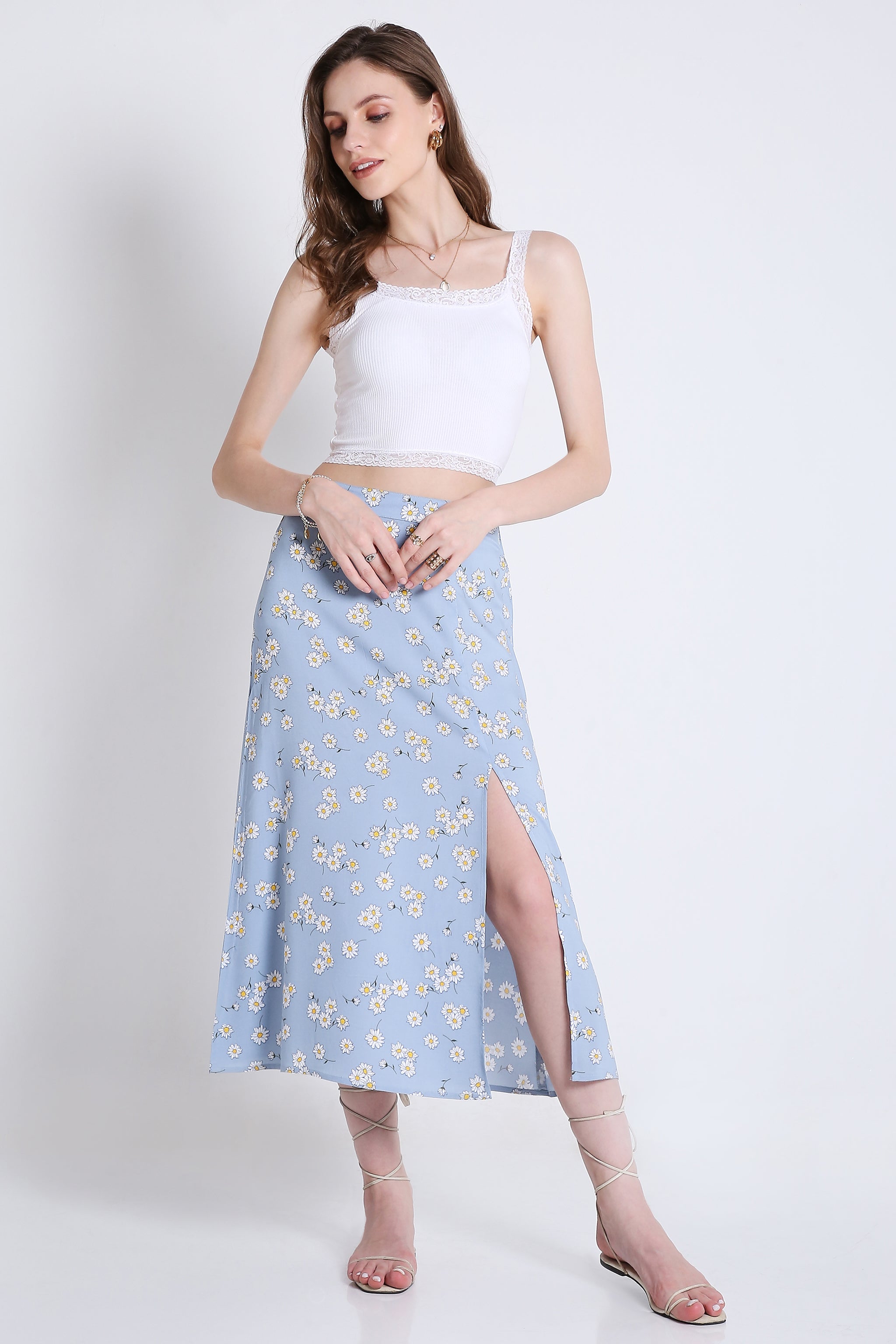 Printed Summer Midi Skirt with Slit