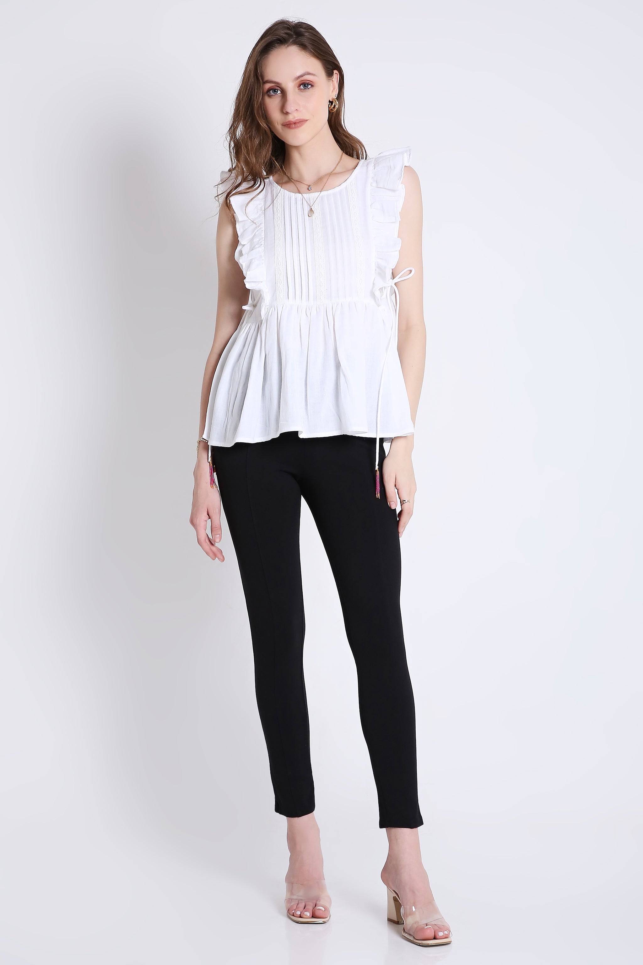 Sleeveless Top with Lace & Contrast Toggle Detail