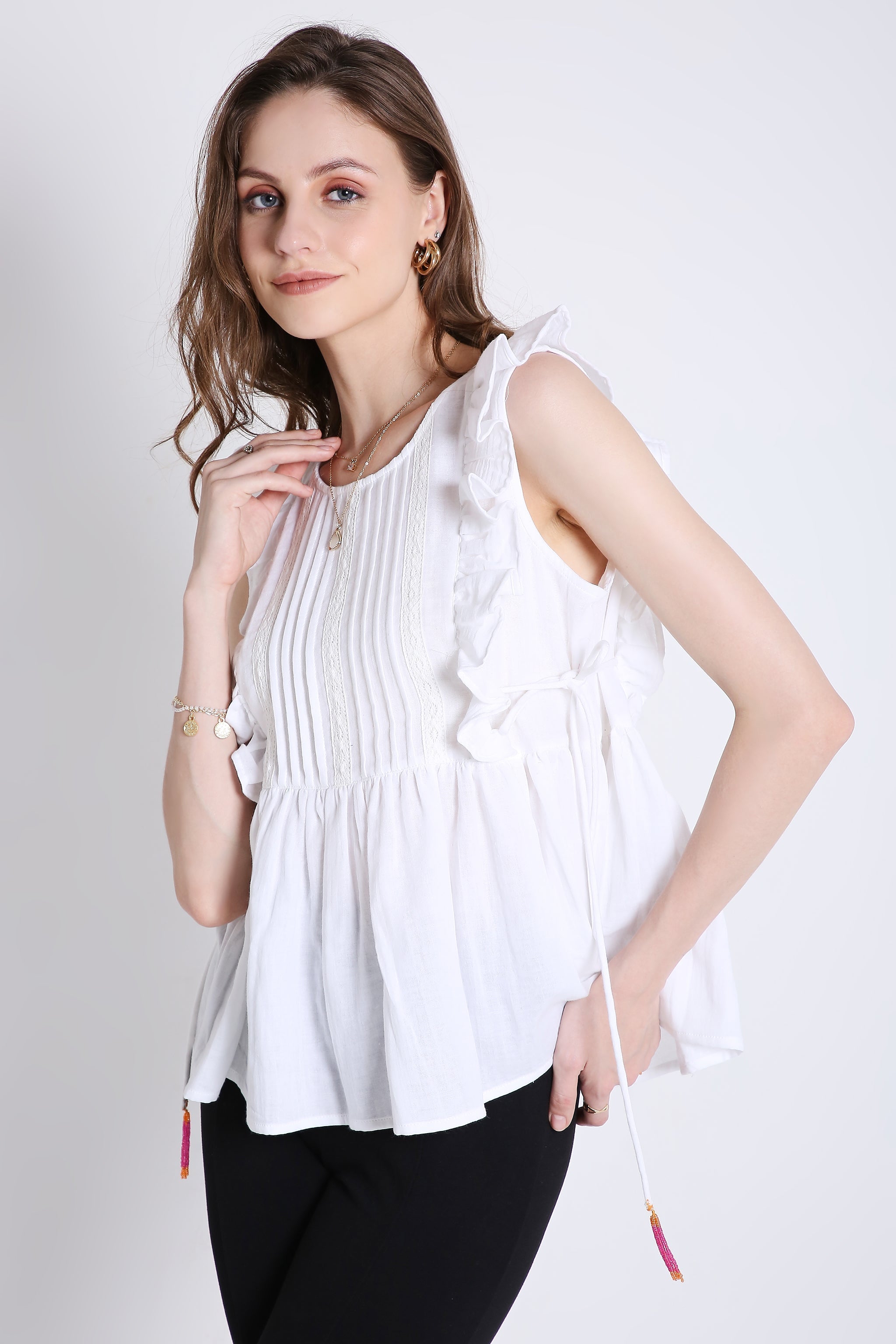 Sleeveless Top with Lace & Contrast Toggle Detail