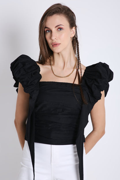 Black Peasant Top with Puff Sleeve