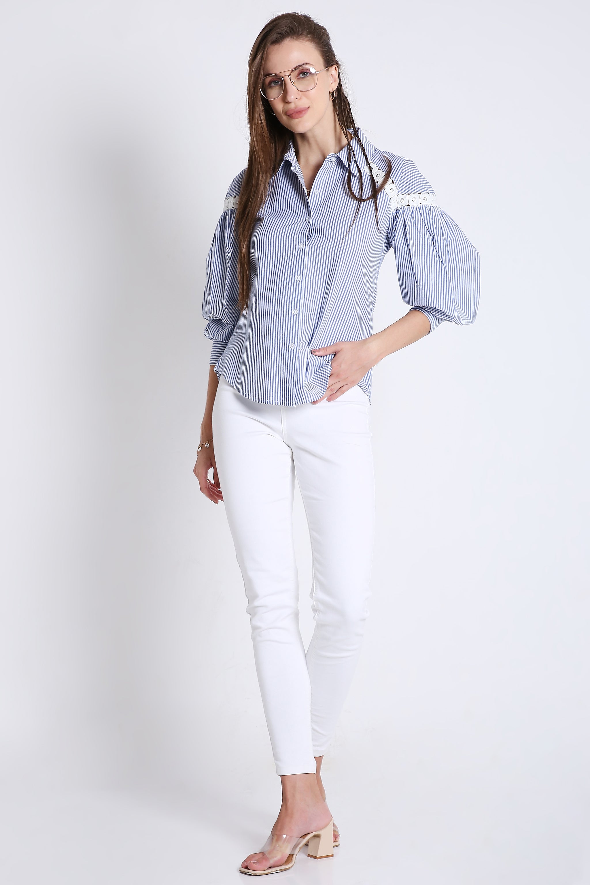 Cotton Stripes Shirt with Balloon Sleeve & Lace Detail
