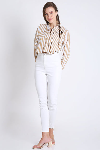 Beige Stripes Fashion Pleated Crop Shirt