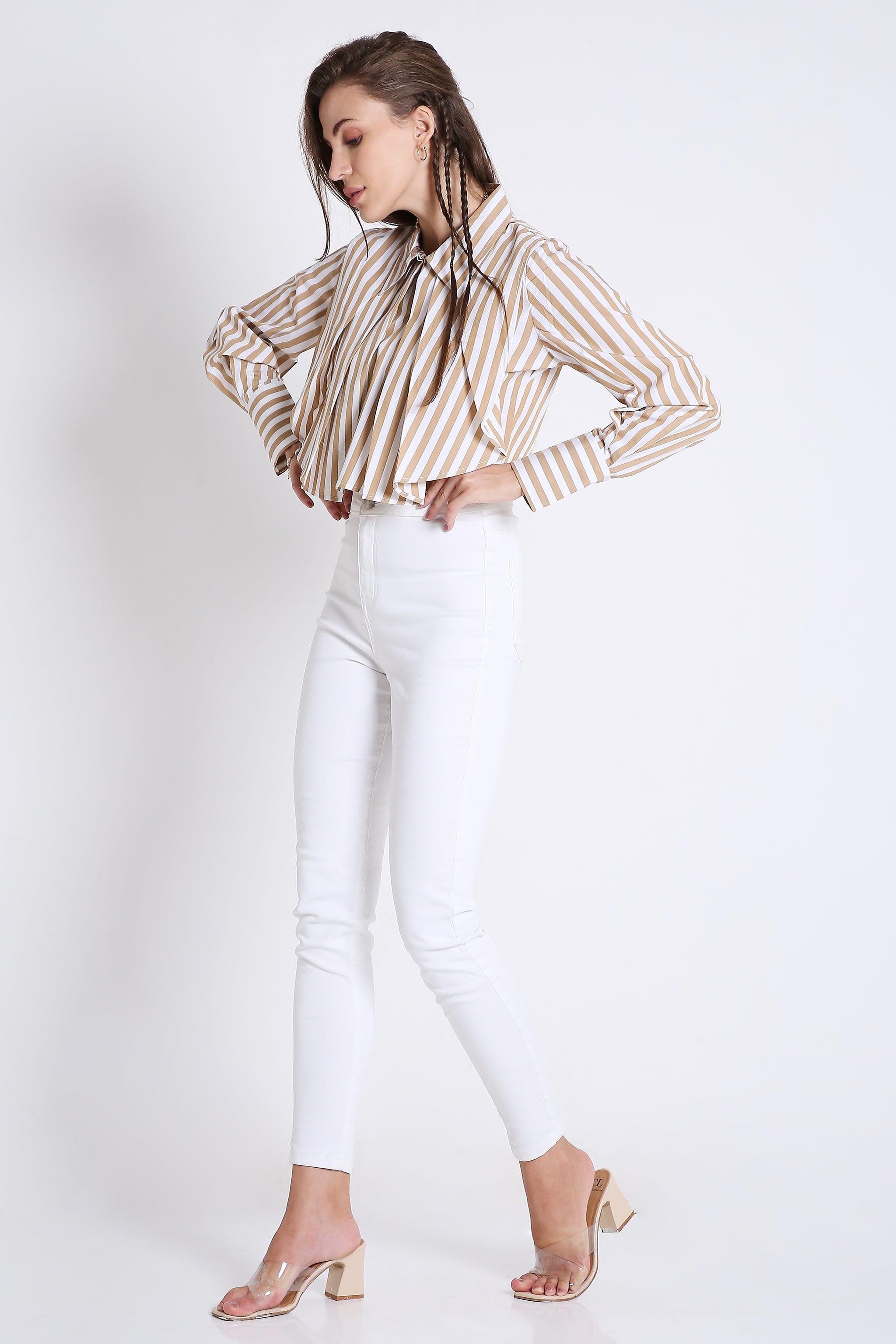 Stripes Fashion Pleated Crop Shirt FRENCH THEORY