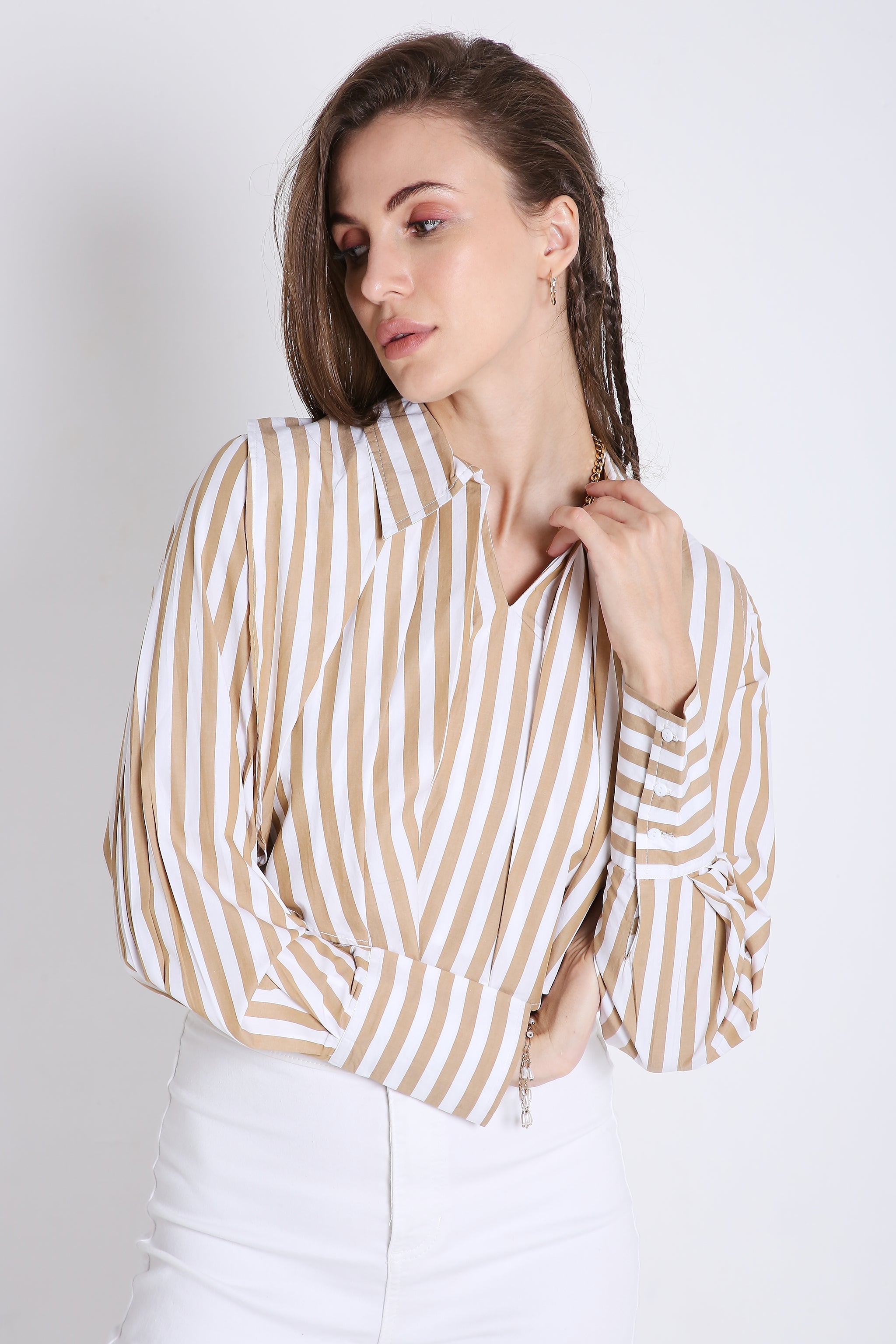 Stripes Fashion Pleated Crop Shirt FRENCH THEORY