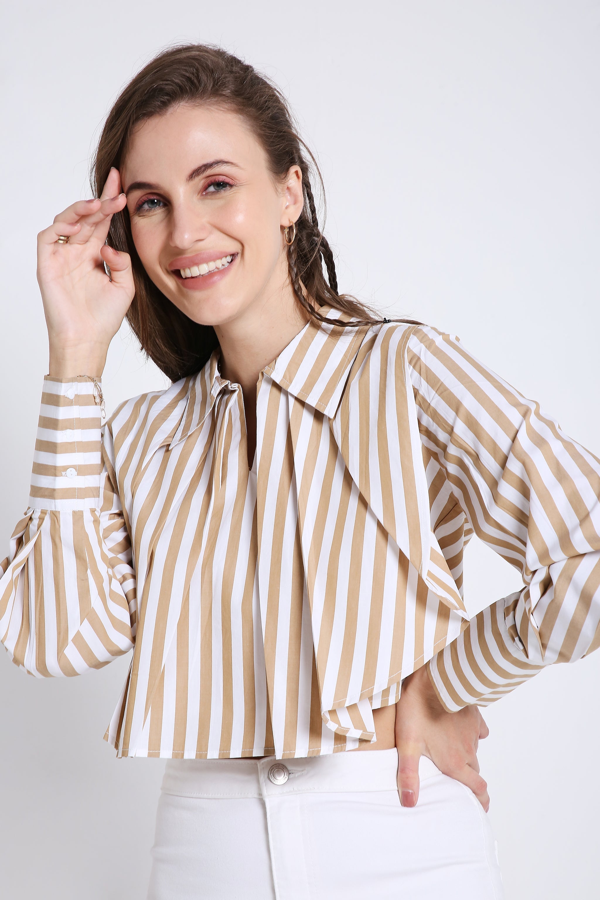 Stripes Fashion Pleated Crop Shirt FRENCH THEORY