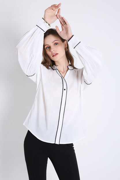 White Cotton Over Sized Shirt with Contrast Piping