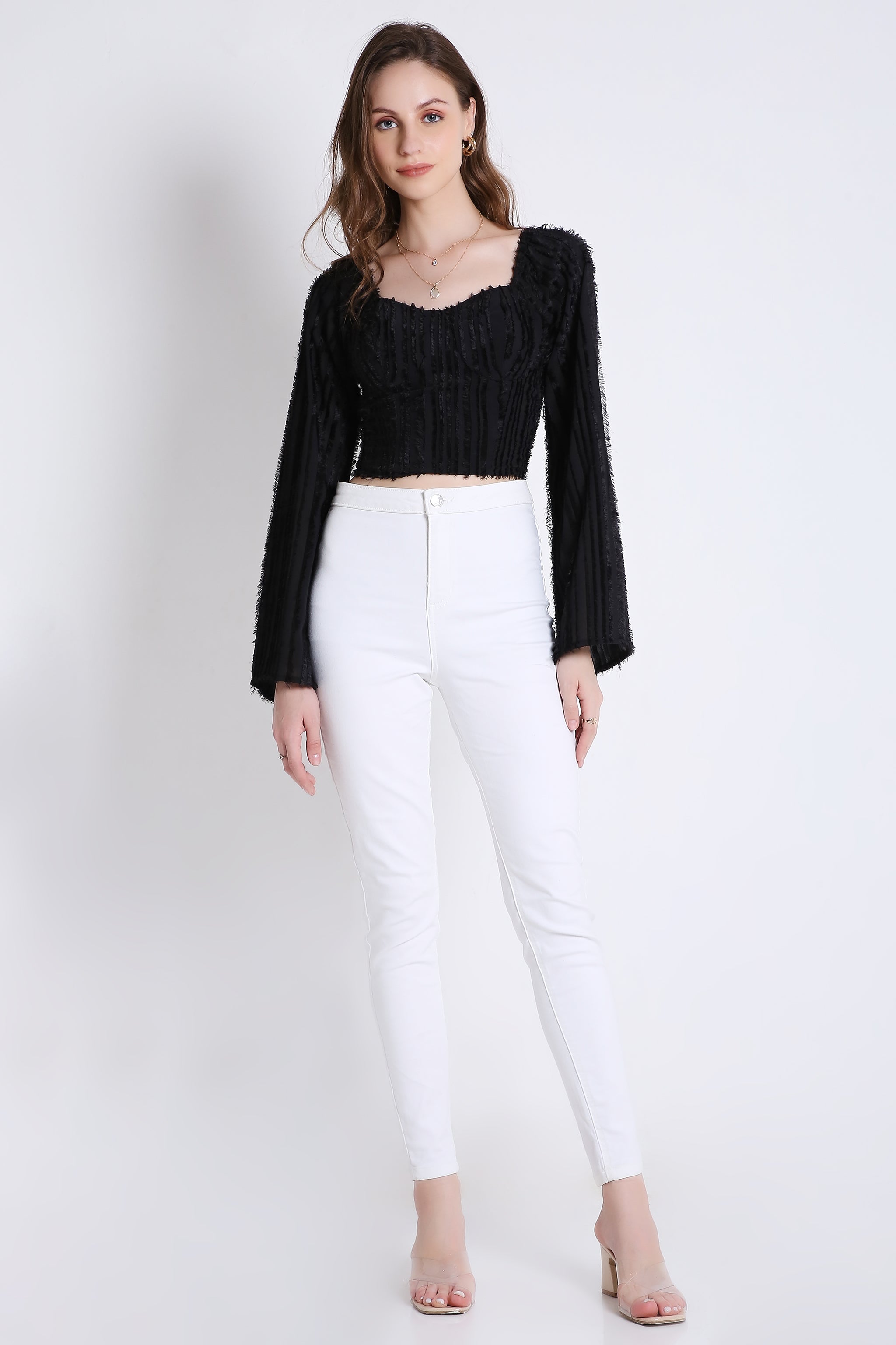 Poly Jacquard Crop Top with Long Sleeve