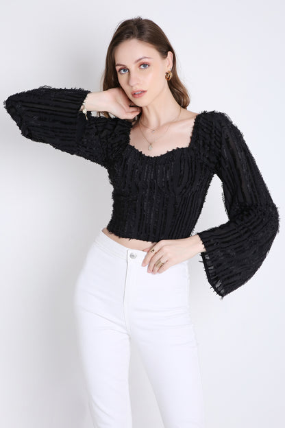 Poly Jacquard Crop Top with Long Sleeve