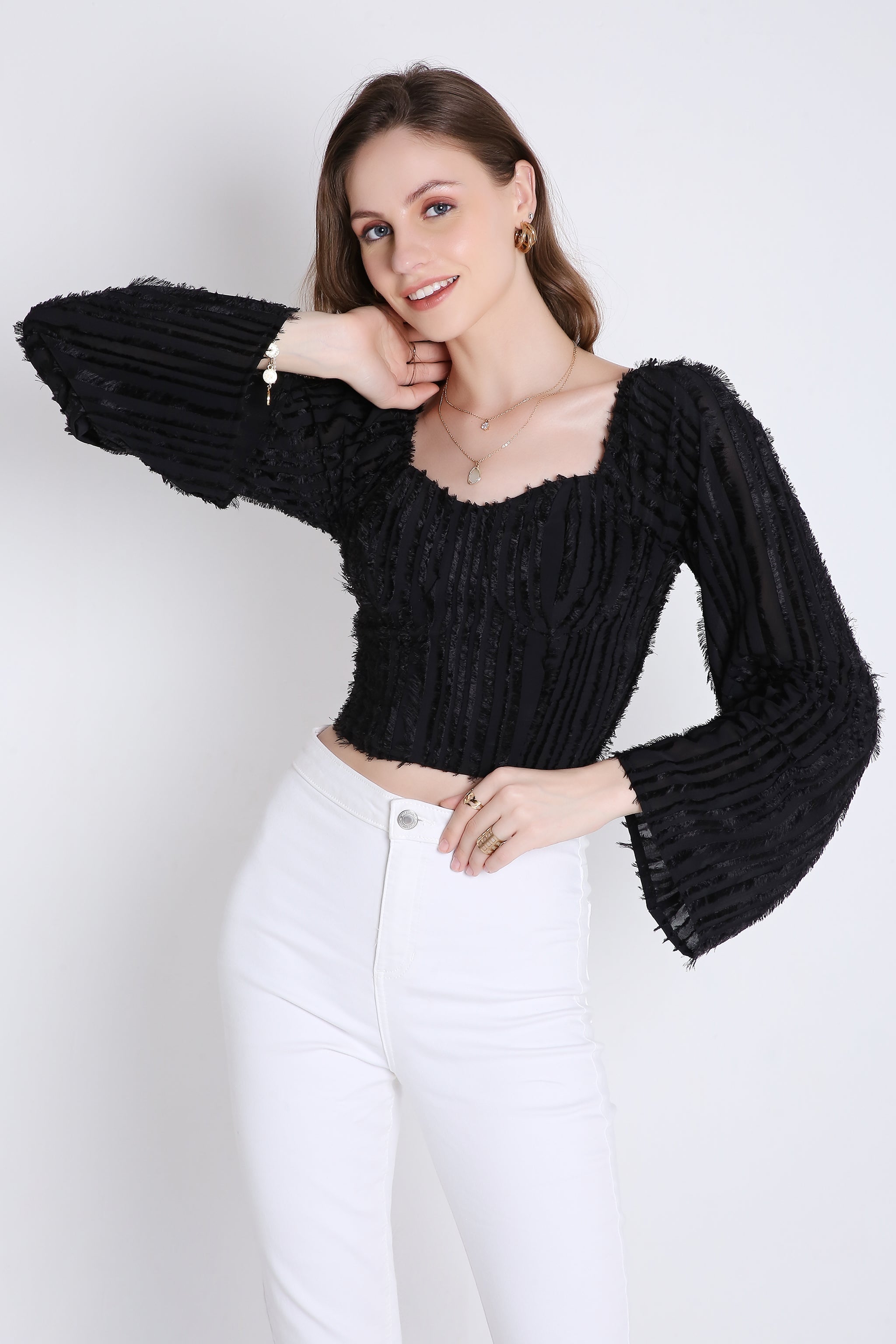 Poly Jacquard Crop Top with Long Sleeve