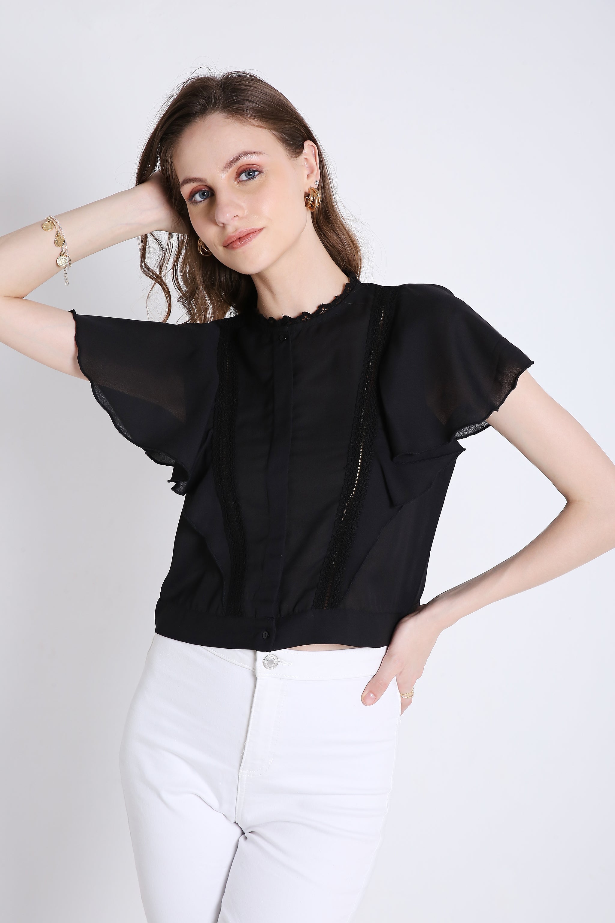 Georgette Short Top with Lace Detailing FRENCH THEORY