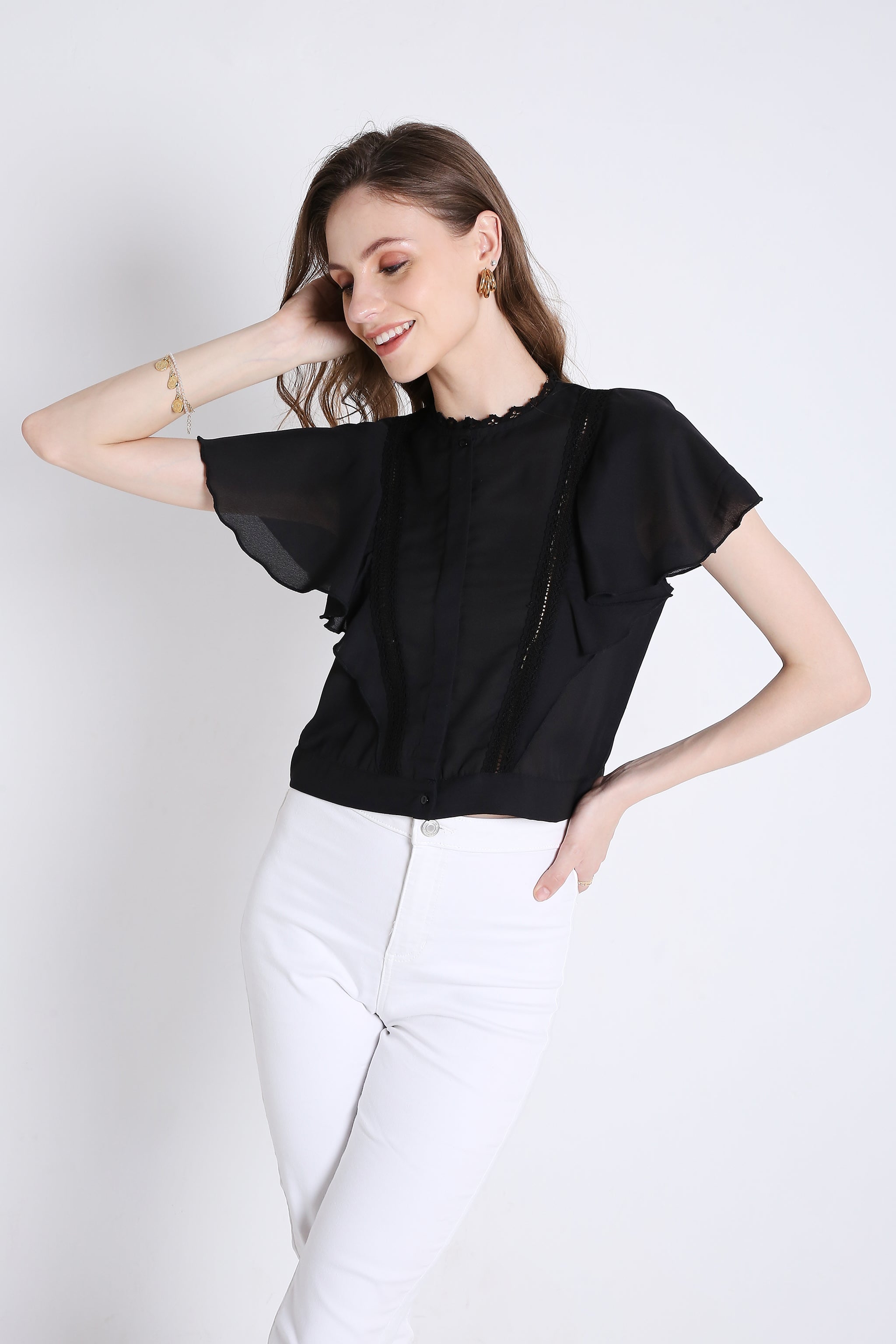 Georgette Short Top with Lace Detailing FRENCH THEORY
