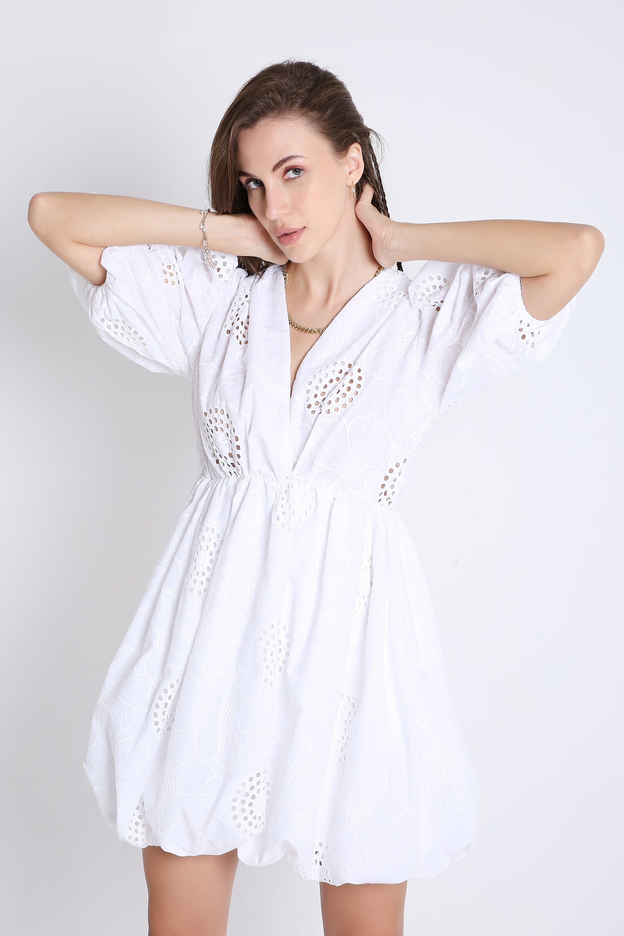 Cotton Balloon Dress with Elegant Schiffli Embroidery FRENCH THEORY