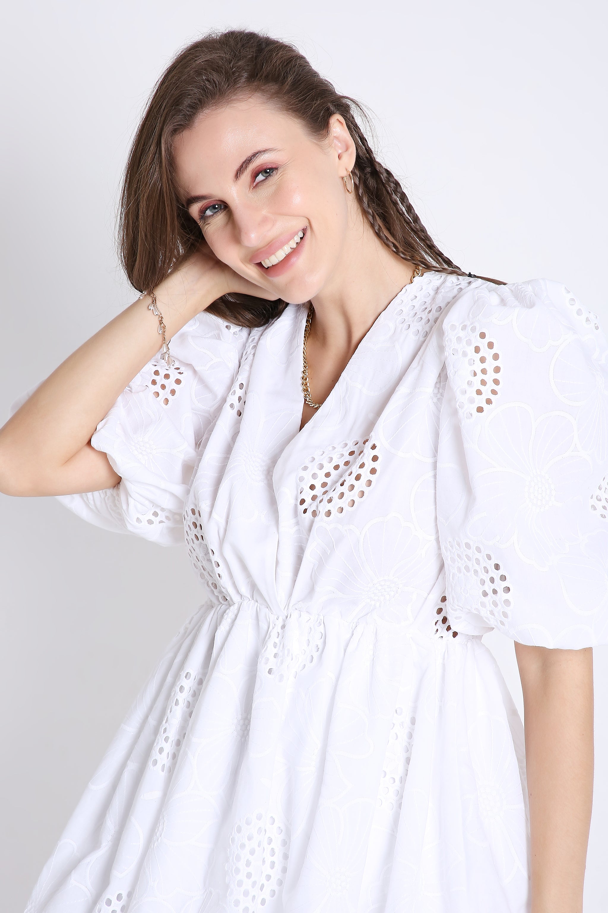 Cotton Balloon Dress with Elegant Schiffli Embroidery