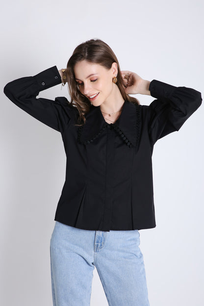 Cotton Over Sized Collar Shirt with Lace Detail