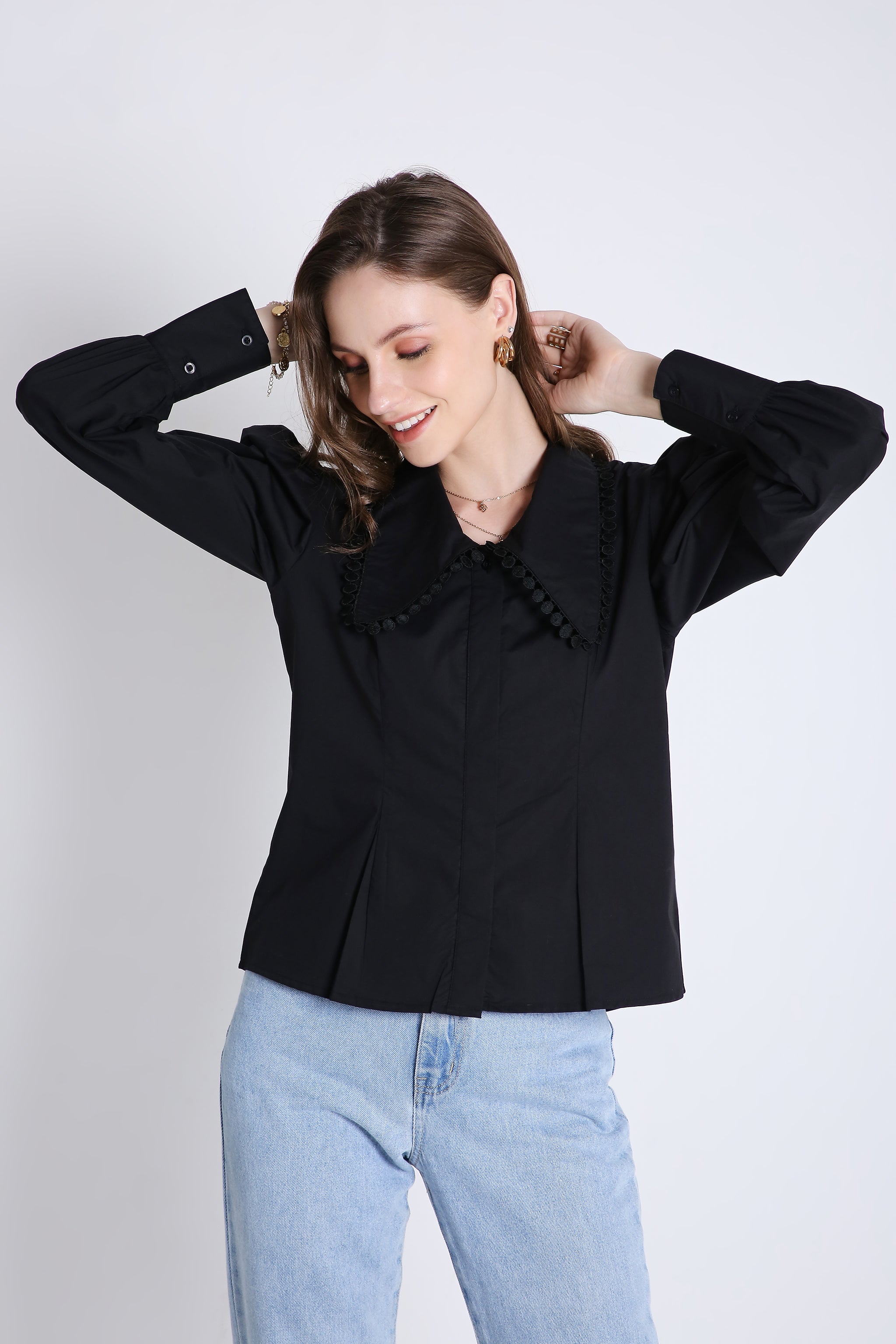 Cotton Over Sized Collar Shirt with Lace Detail