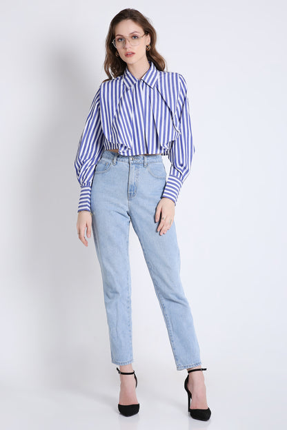 Blue Stripes Fashion Pleated Crop Shirt