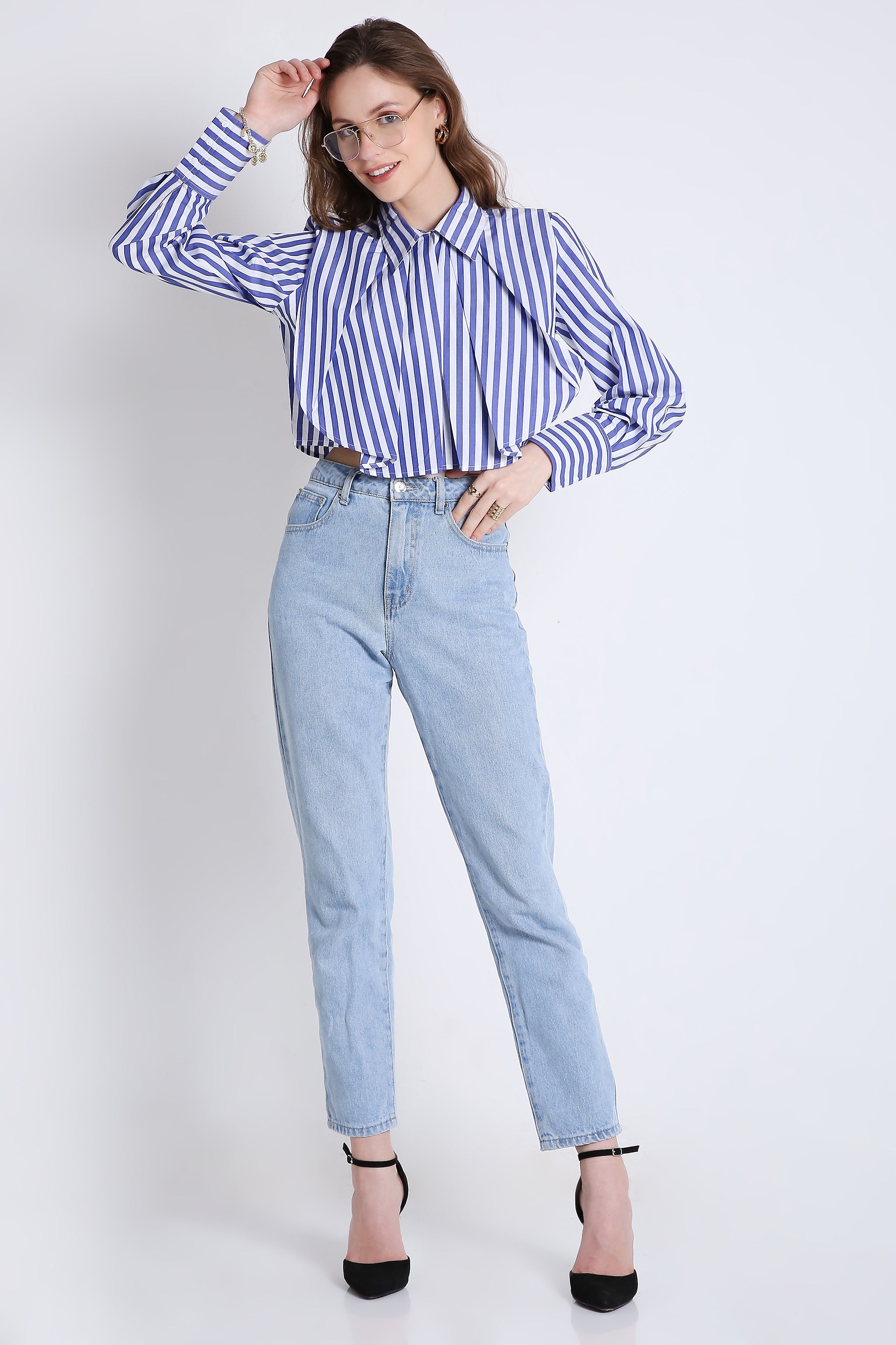 Stripes Fashion Pleated Crop Shirt FRENCH THEORY