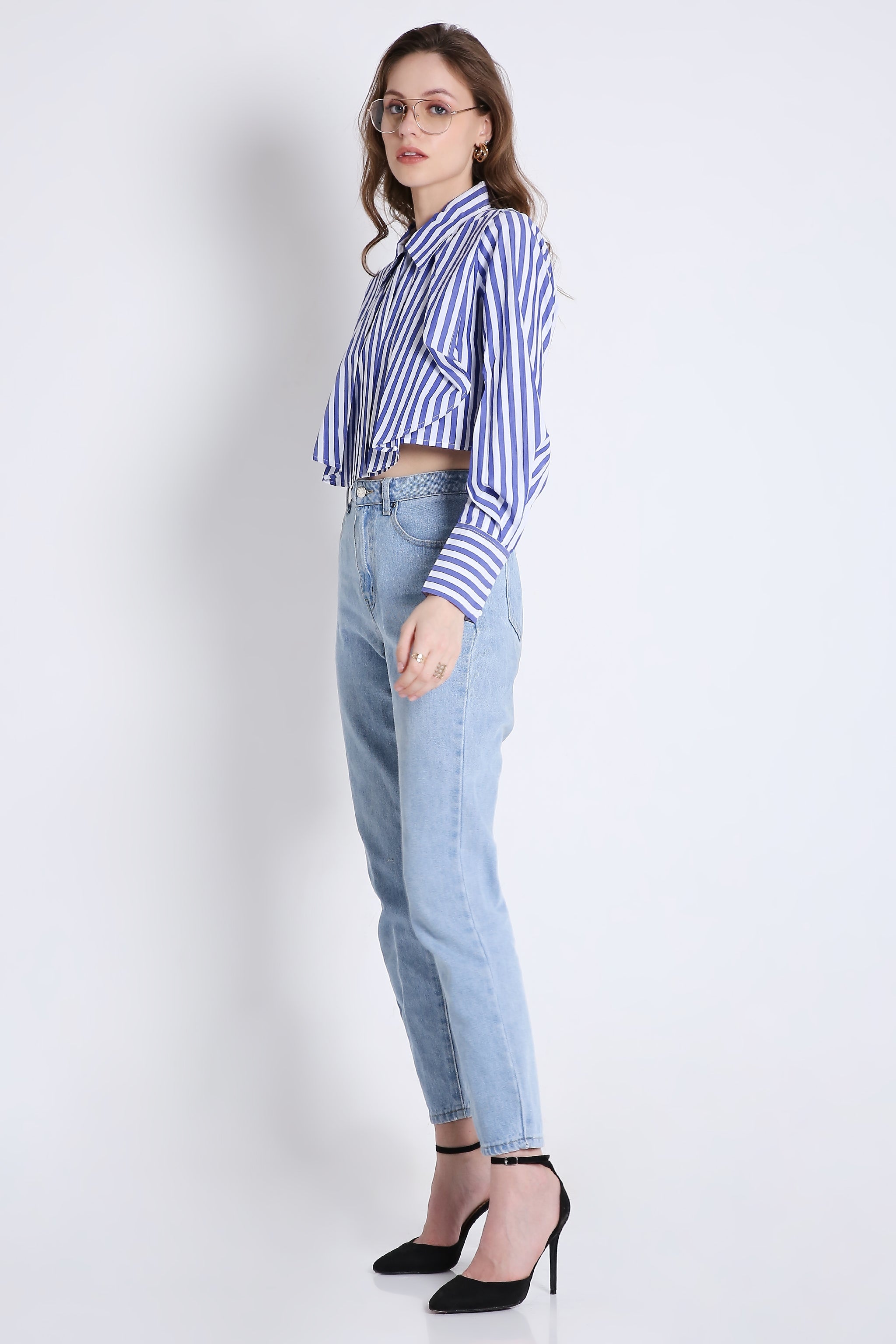 Stripes Fashion Pleated Crop Shirt FRENCH THEORY