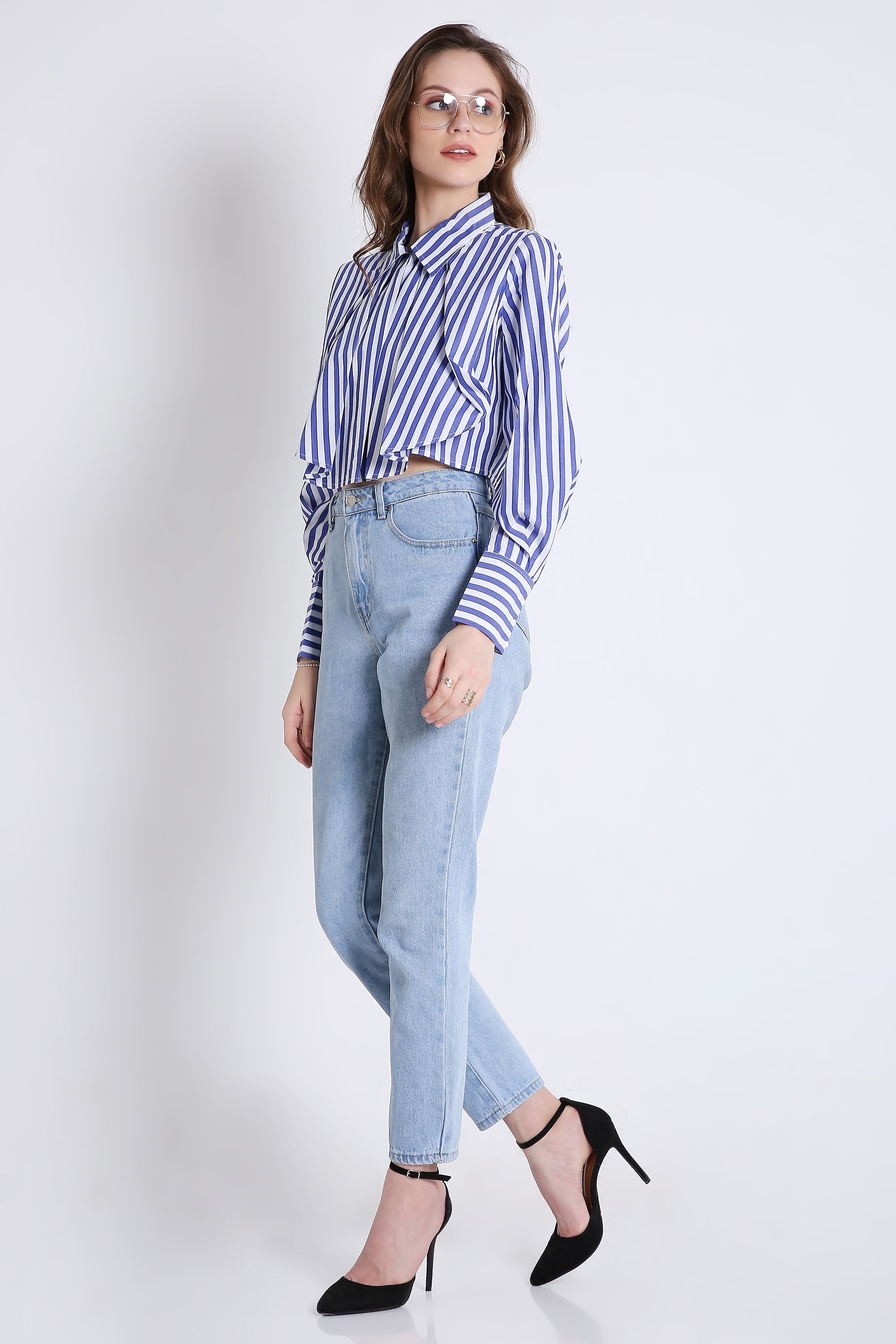 Stripes Fashion Pleated Crop Shirt FRENCH THEORY