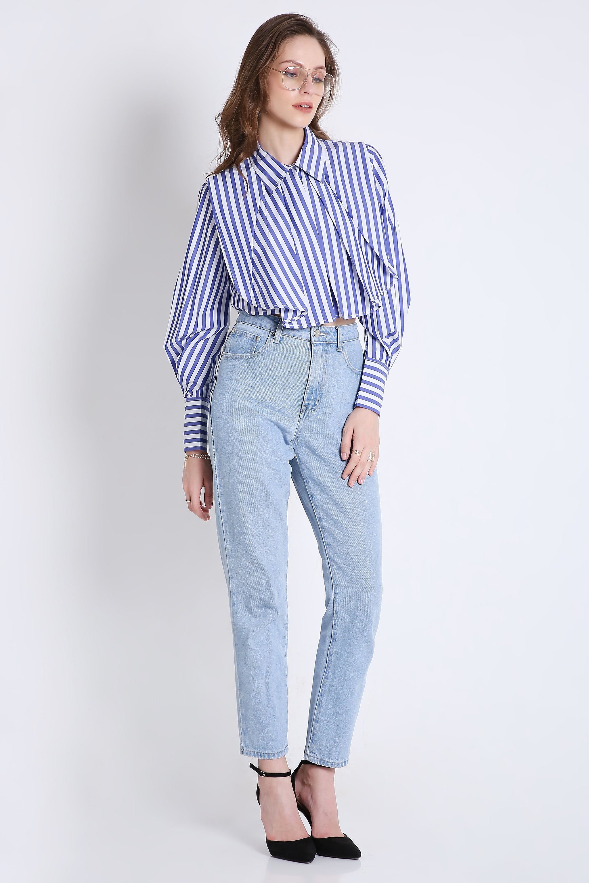 Stripes Fashion Pleated Crop Shirt FRENCH THEORY